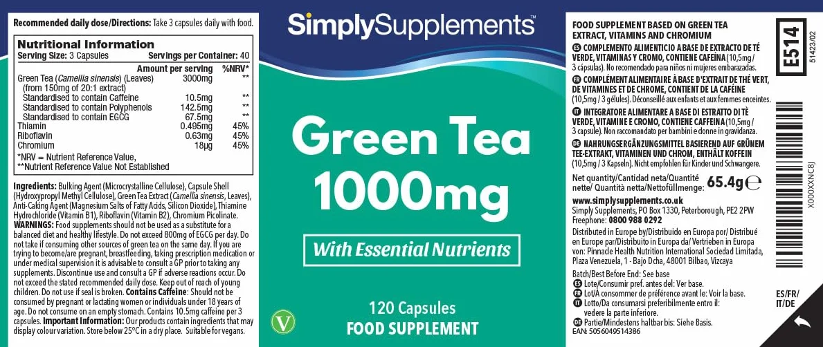 Estratto Di Tè Verde 3.000mg | Con Aggiunta Di Tiamina, Riboflavina E Cromo | Sostiene L'energia, Il Metabolismo E La Difesa Antiossidante | Adatto Ai Vegani | 120 Capsule = 40 Giorni Di Fornitura