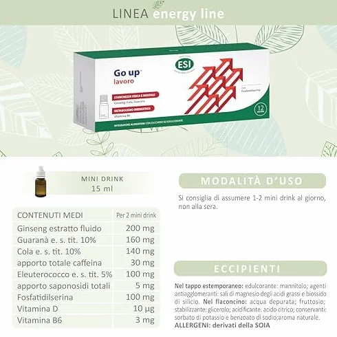 ESI - Go Up Lavoro, Integratore Alimentare a Base di Guaranà, Ginseng e Vitamina B6, Contrasta Stanchezza Fisica e Mentale, Gusto Mela Rossa, Senza Glutine e Vegetariano, 12 Mini Drink