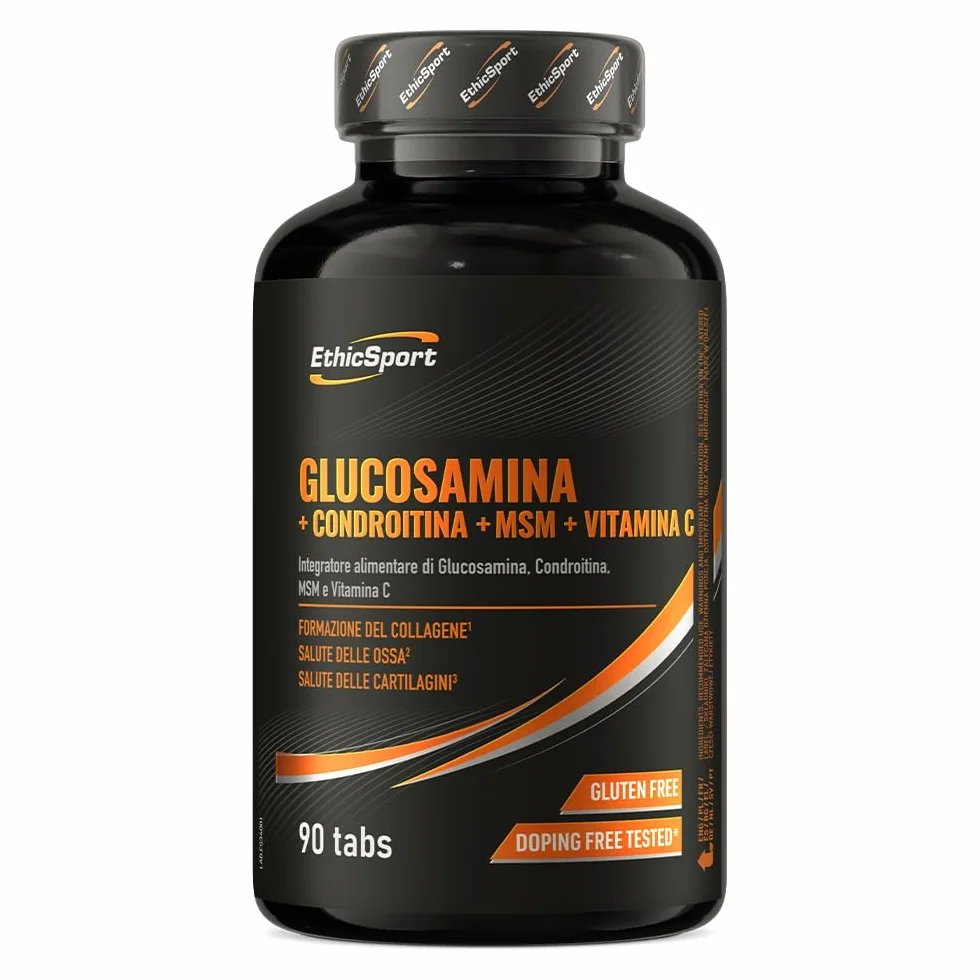 Glucosamina + Condroitina + MSM EthicSport – Integratore articolazioni con Vitamina C 100% NRV per collagene, cartilagini e ossa – 90 compresse – Gluten free, doping free tested*