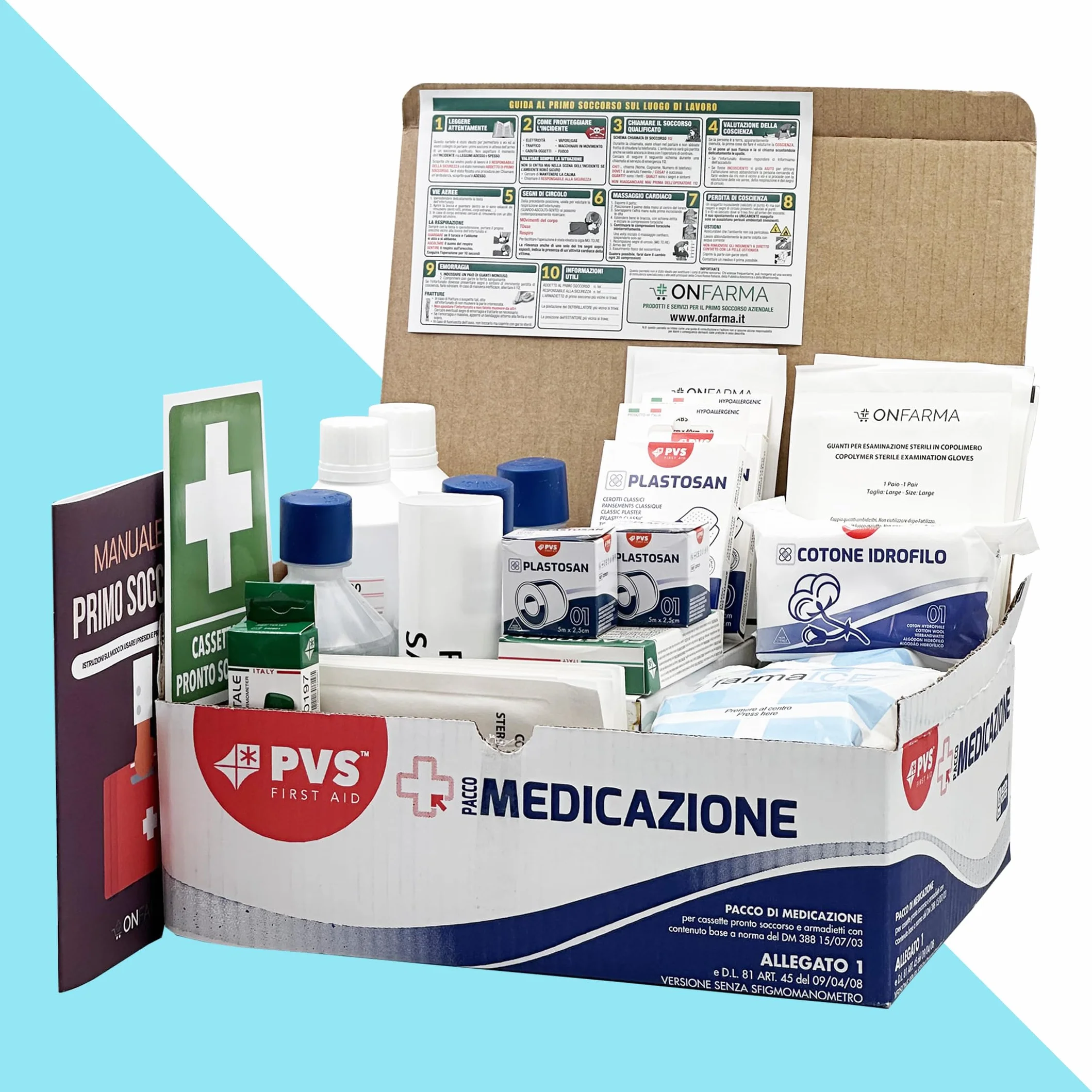 ONFARMA KIT REINTEGRO pronto soccorso ALLEGATO 1 Con Cartello adesivo Istruzioni di primo soccorso Pacchetto di medicazione per attività più 3 dipendenti Conforme DM388/DL81