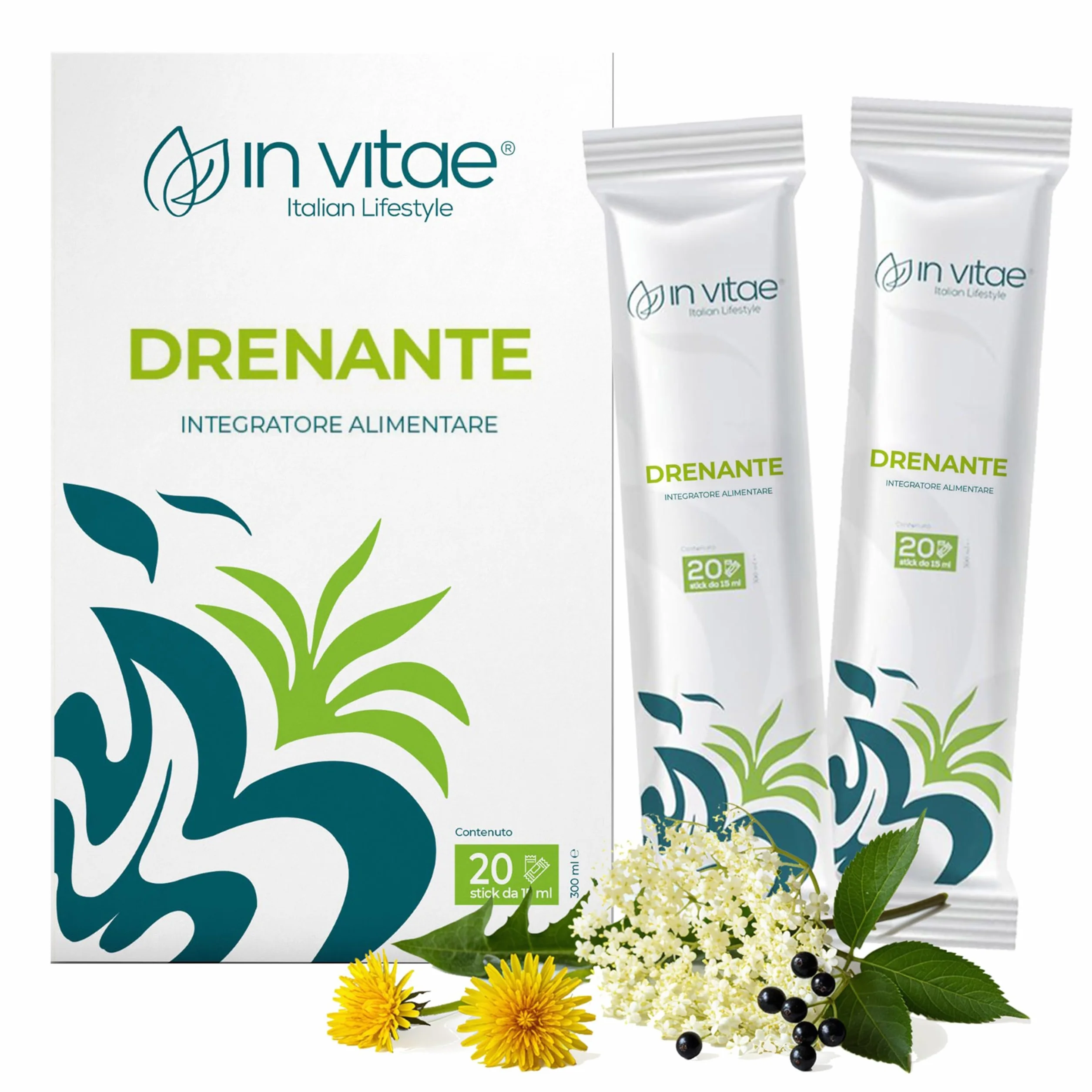 IN VITAE Drenante Forte Integratore con Aloe Tarassaco Betulla Carciofo e Sambuco Drenaggio Liquidi Corporei Funzioni Depurative 20 Stick Gel
