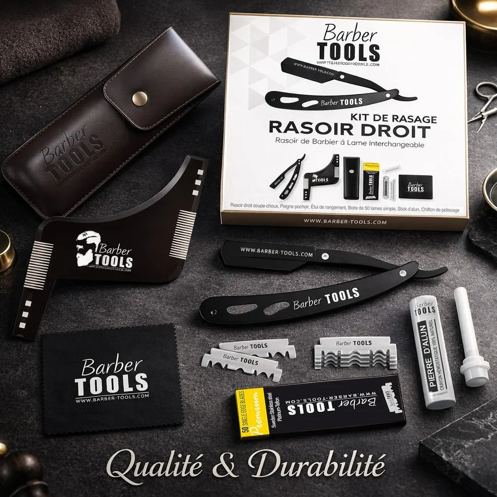 Kit da rasatura uomo - Rasoio per barba uomo/taglio a mano per barba - con 50 Lame Singole + Panno + Stick di allume + Custodia per la conservazione + Pettine guida per rasatura -NERO- BARBER TOOLS