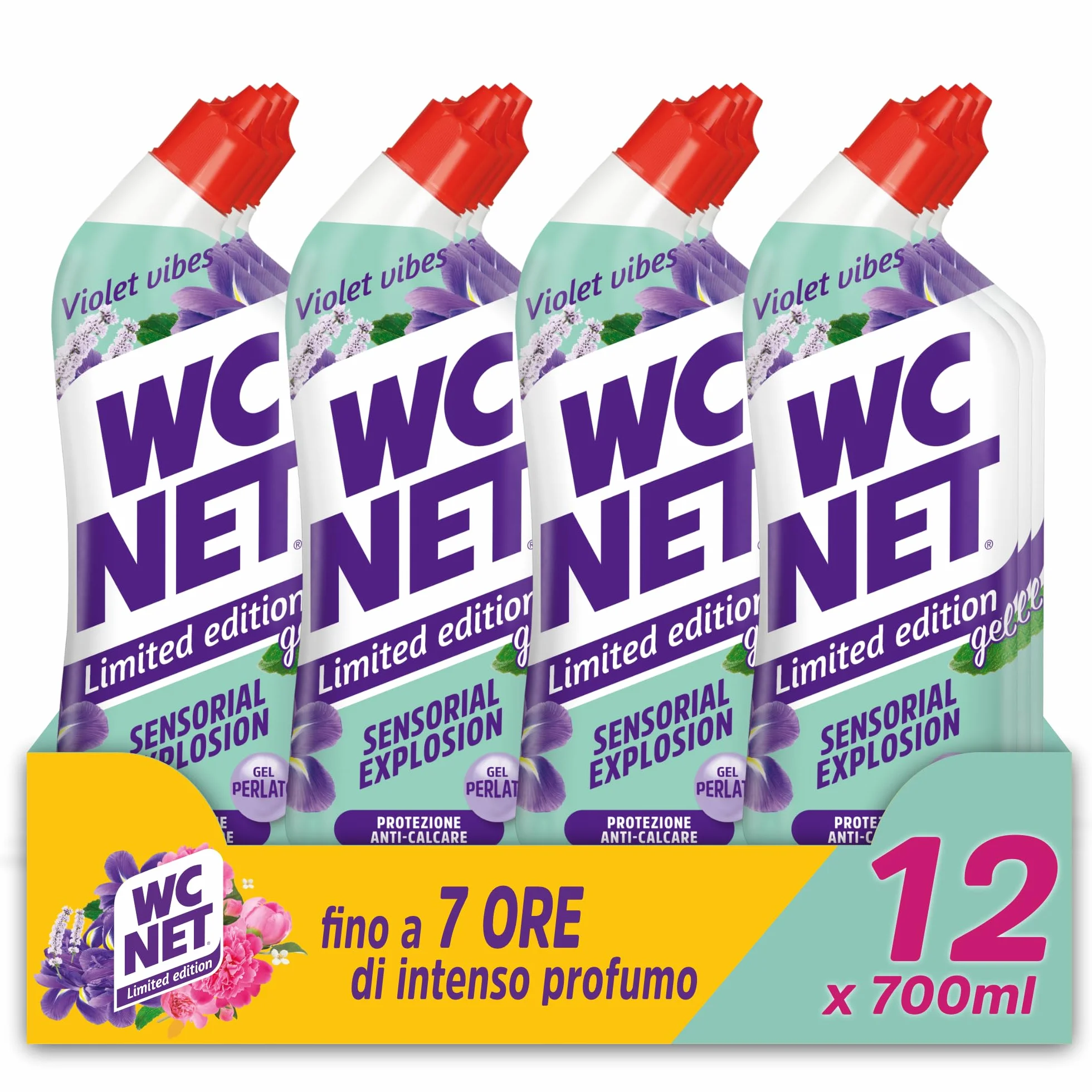 Wc Net Detergente Liquido per Sanitari Violet Vibes Essenza Iris Viola e Patchouli Prevenzione Calcare 700 ml x 12