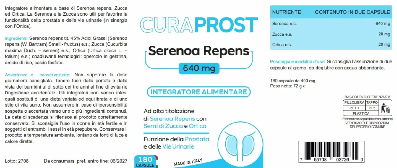 Serenoa repens prostata Integratore 640 mg 180 Capsule Saw palmetto Formula Complex integratore Uomo benessere delle vie Urinarie