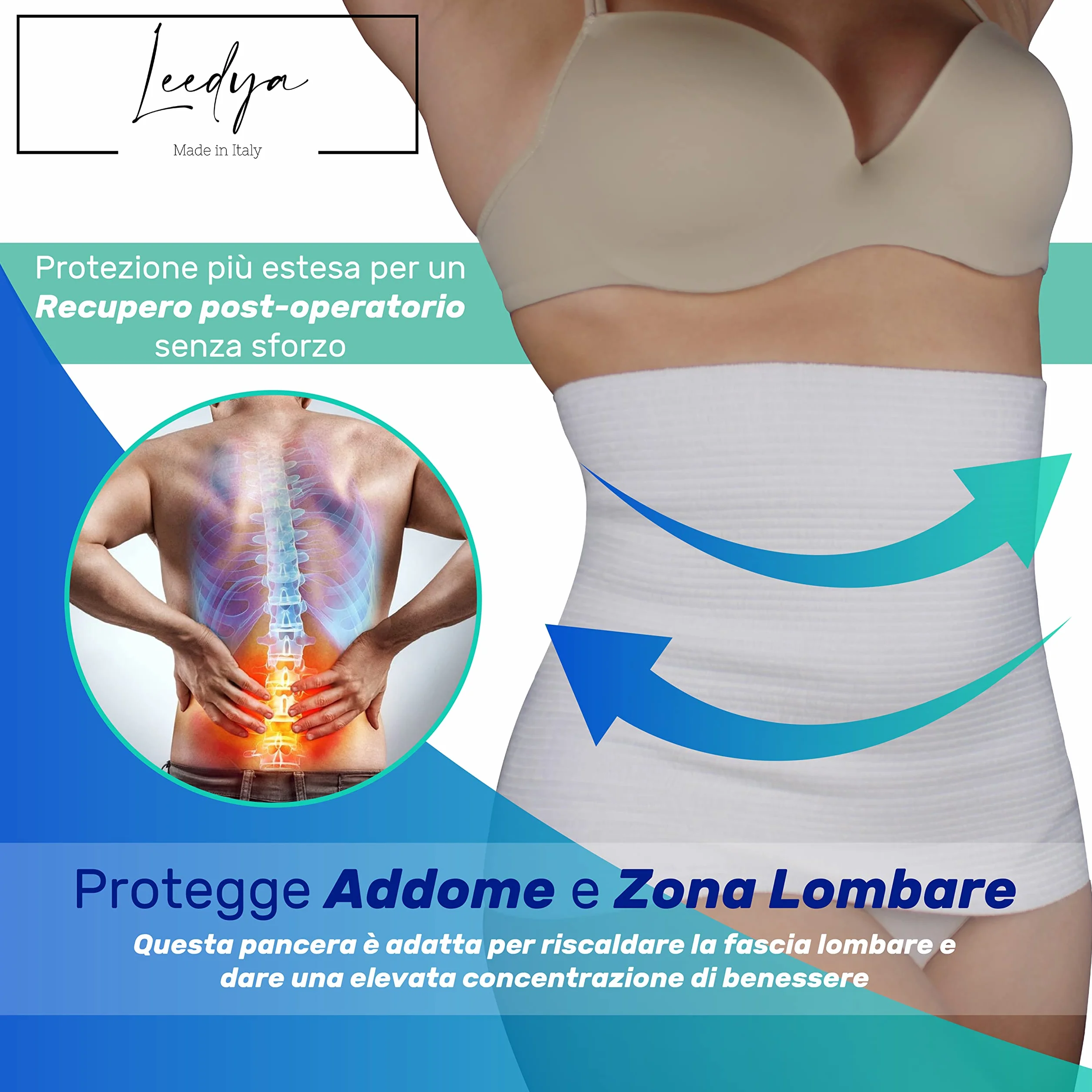 Leedya Fascia Lombare Supporto Schiena Elasticizzata 100% Made In Italy, Pancera Addominale Riscaldante per Mal Di Schiena - Pancera Post Operatoria in lana e cotone (Tg 6/XL 106/120 Cm, Bianco)