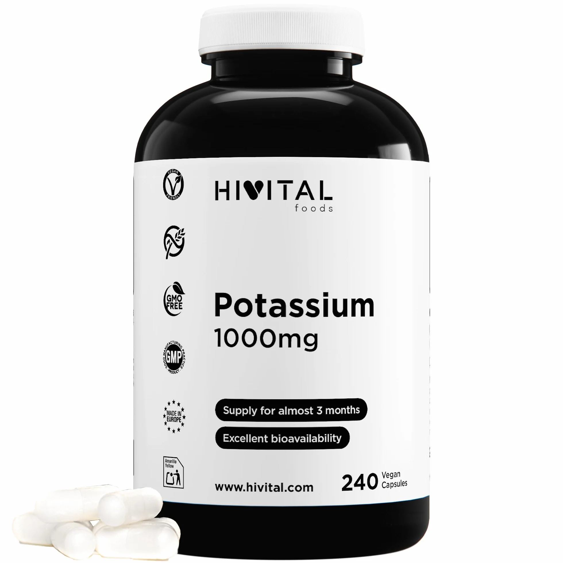 Potassio puro 1000 mg da sale organica Citrato di Potassio. 240 capsule vegane per oltre 2 mesi di trattamento. Minerale essenziale per l'organismo. Prodotto in Europa da HIVITAL