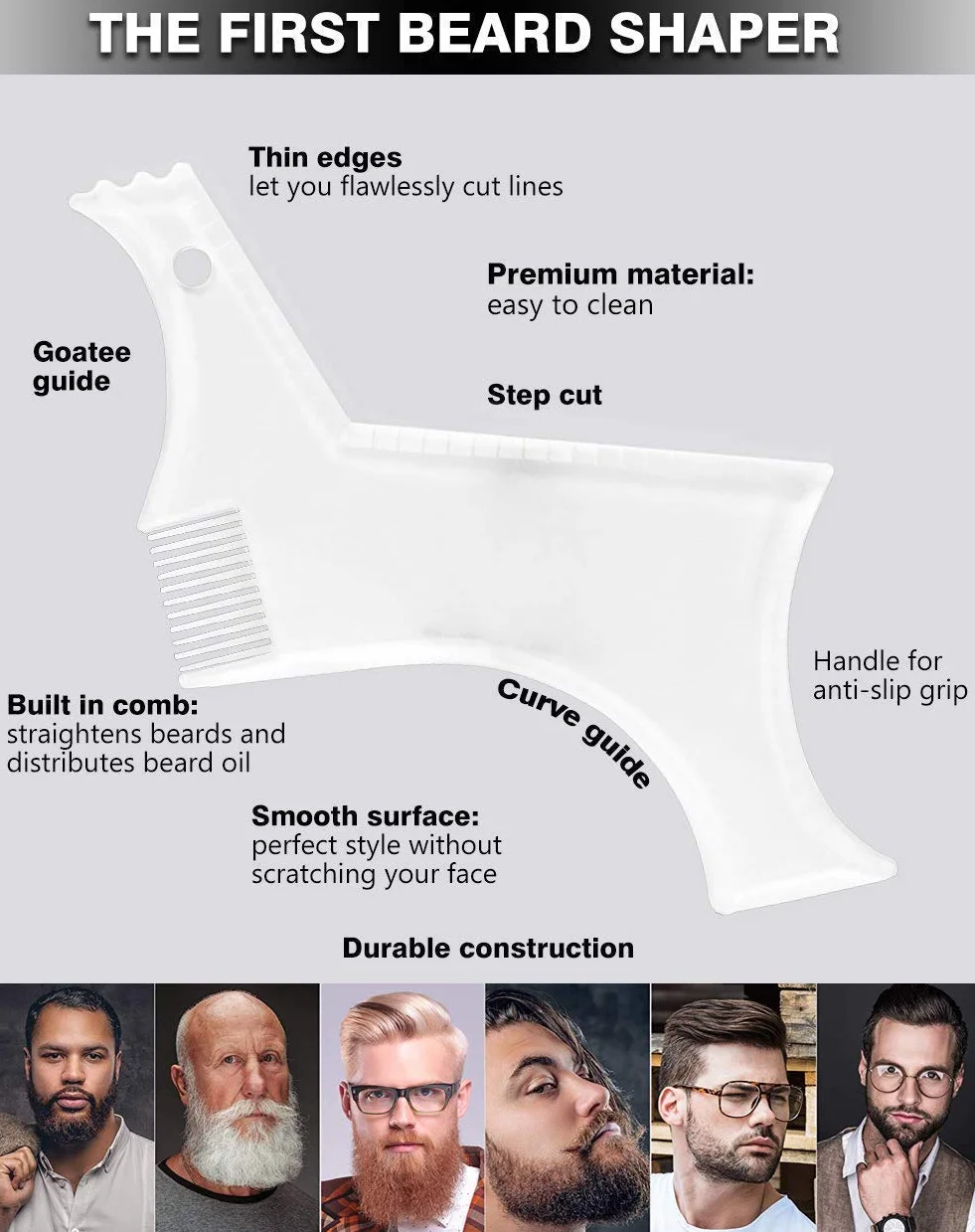 Strumento per modellare la barba da uomo con pettine integrato trasparente