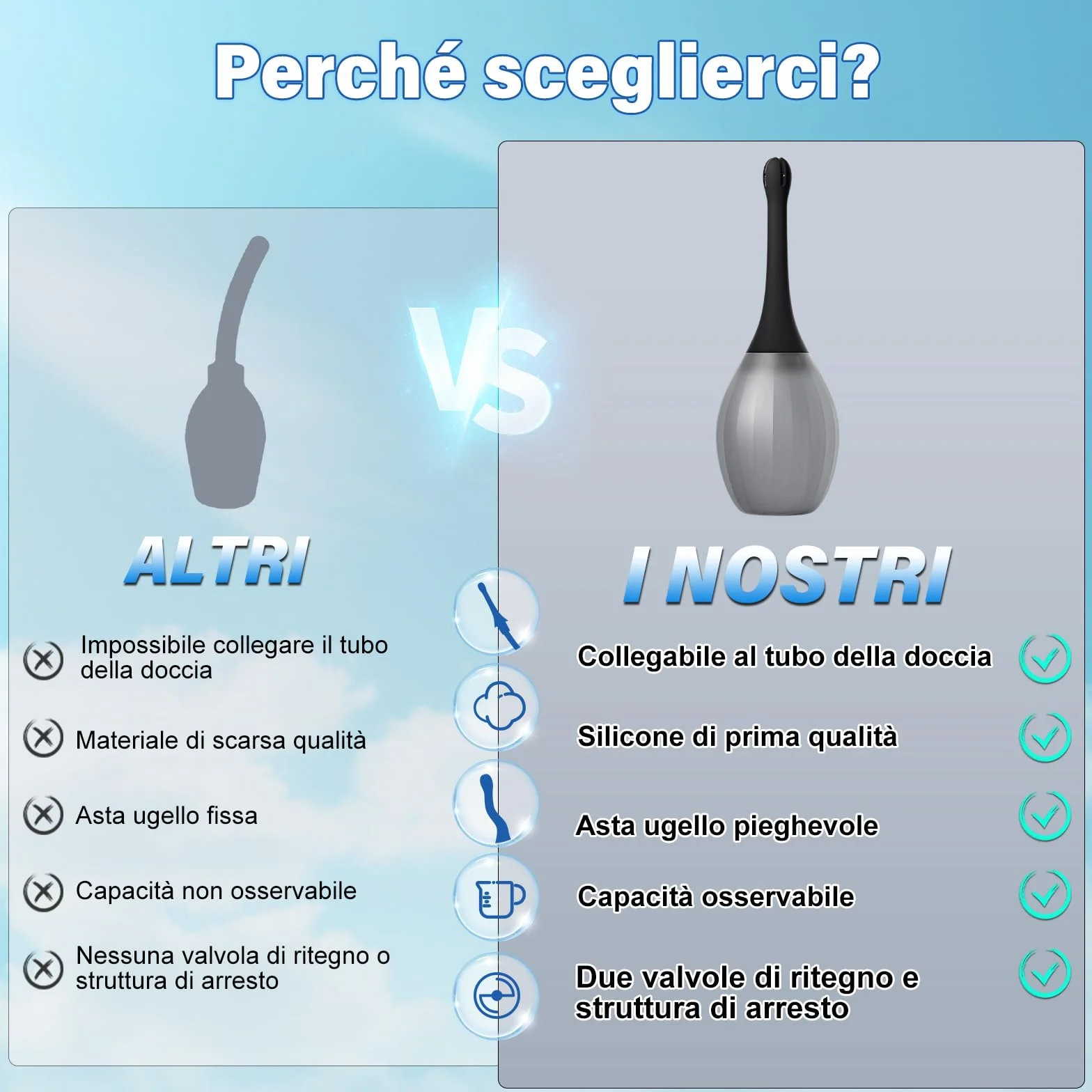 Clistere per Pulizia Ano per Uomini e Donne - Peretta per Clistere per Adulti da 300 ML con Ugello Flessibile per Doccia Anale, Kit Doccia Vaginale in Silicone Antireflusso per Lavaggio Anale e Colon