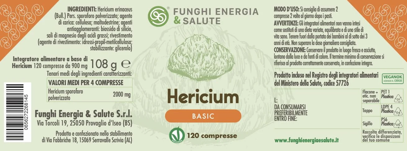 Funghi Energia & Salute, Hericium Basic, Integratore Alimentare, 120 Compresse di Fungo Medicinale, per Digestione, Energia e Difese Immunitarie. No Metalli Pesanti, OGM e Pesticidi. Micoterapia