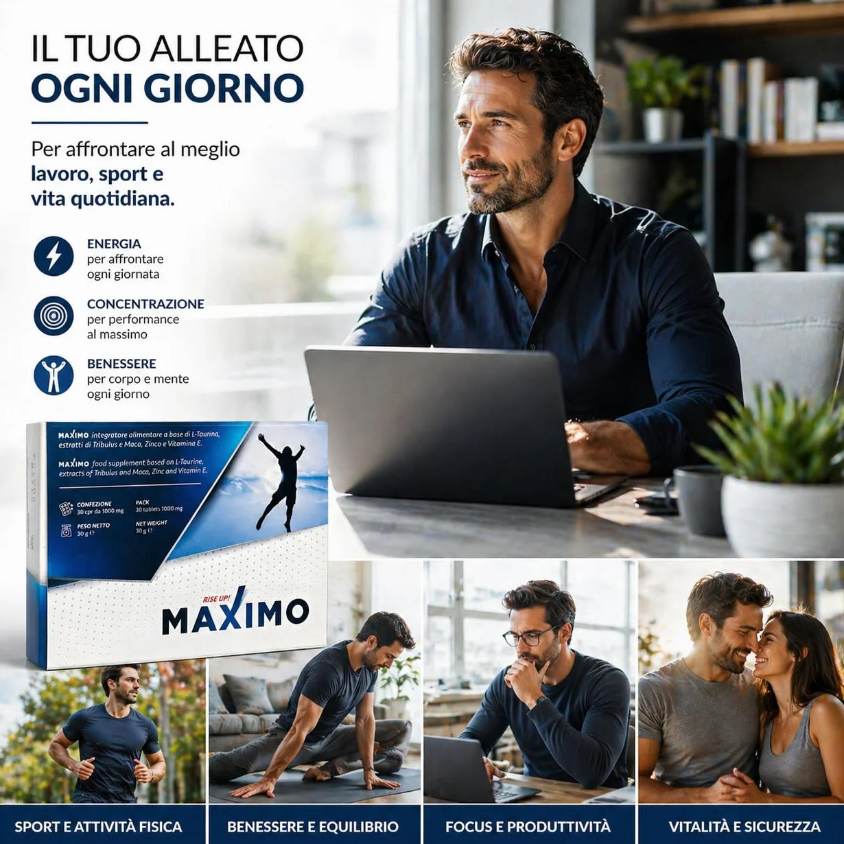 MAXIMO RiseUp Integratore Energia e Vitalità 30 Compresse Maca Taurina Zinco Vitamina E