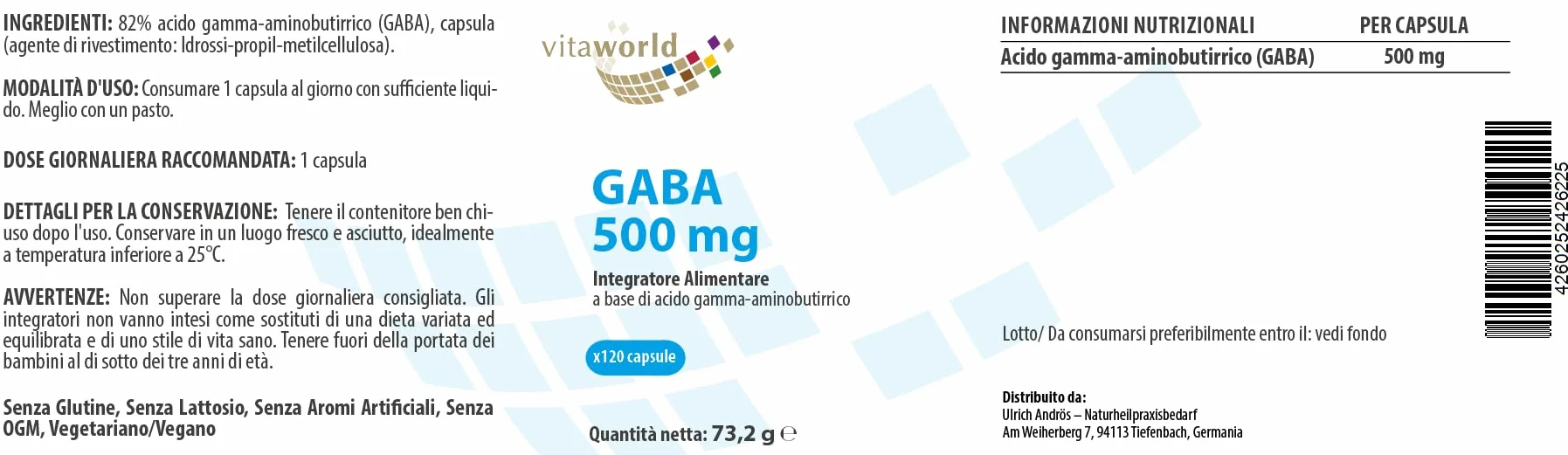 Vita World GABA 500mg 120 Capsule Acido Gamma-aminobutirrico Vegano