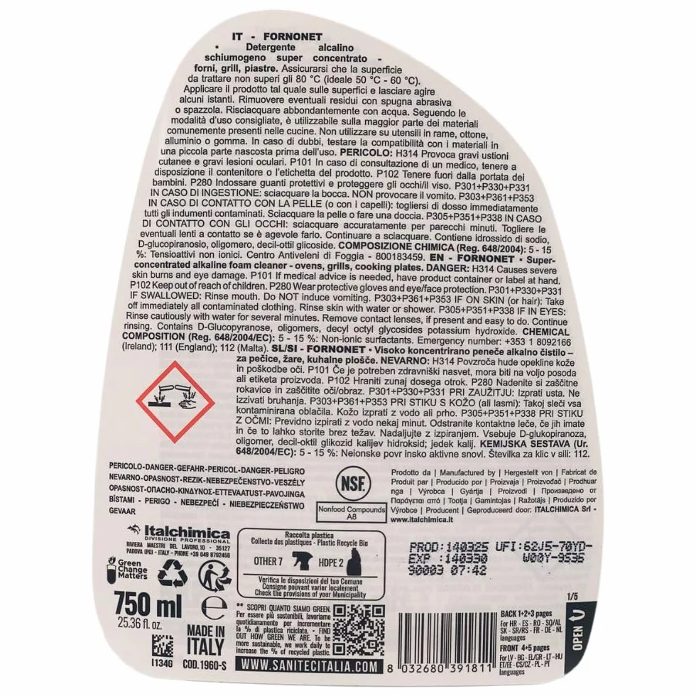 Fornonet, Detergente Alcalino Schiumogeno Super Concentrato per Forni, Grill e Piastre, Ideale per Togliere Residui di Grasso, Olio e Sporco di Cibo Bruciato, Flacone 750 ml (3 Unità)
