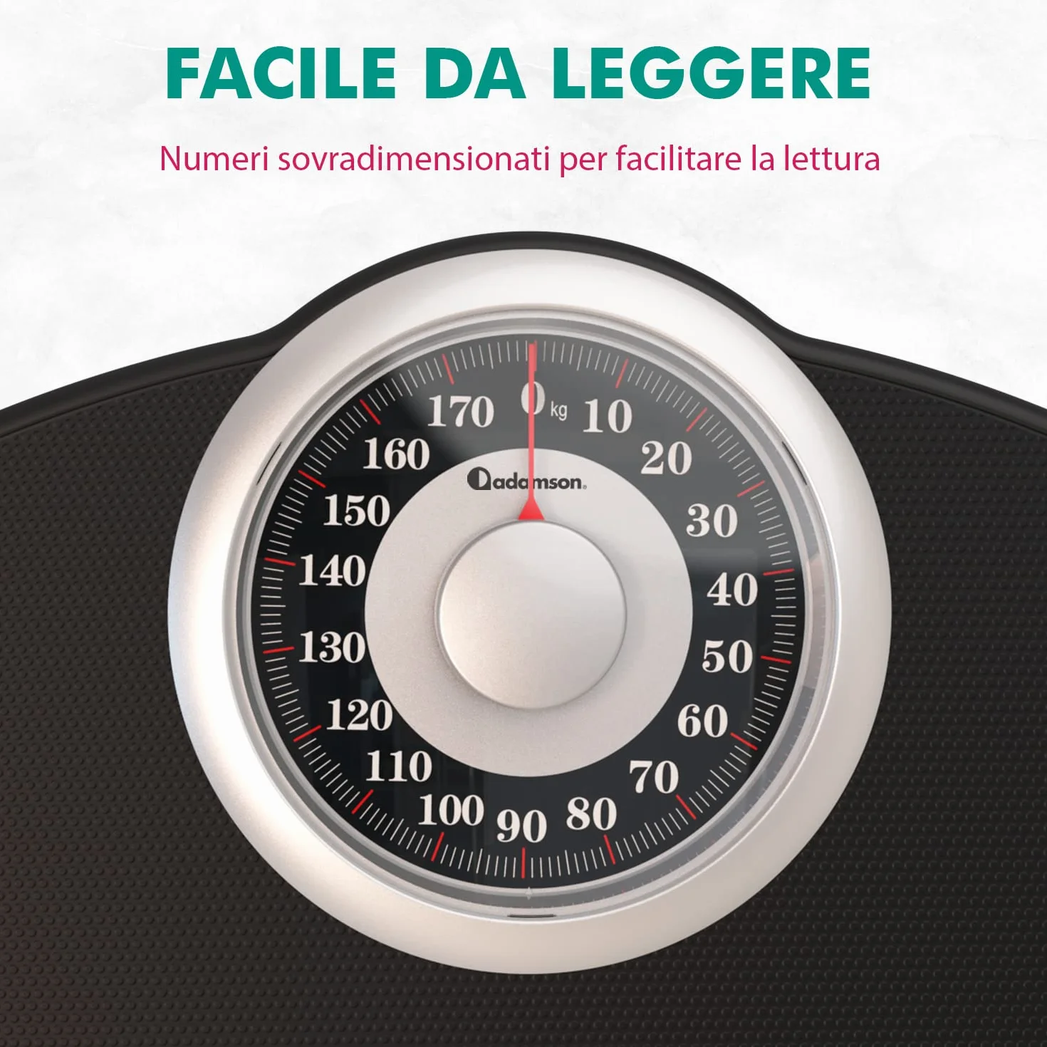 Adamson A25 Bilancia per Peso Corporeo - Fino a 180 KG - Quadrante Da 5,3” SU Piattaforma 31x30cm - Superficie in Gomma Antiscivolo - Bilancia Da Bagno Analogica Ad Precisione - 20 Anni DI Garanzia