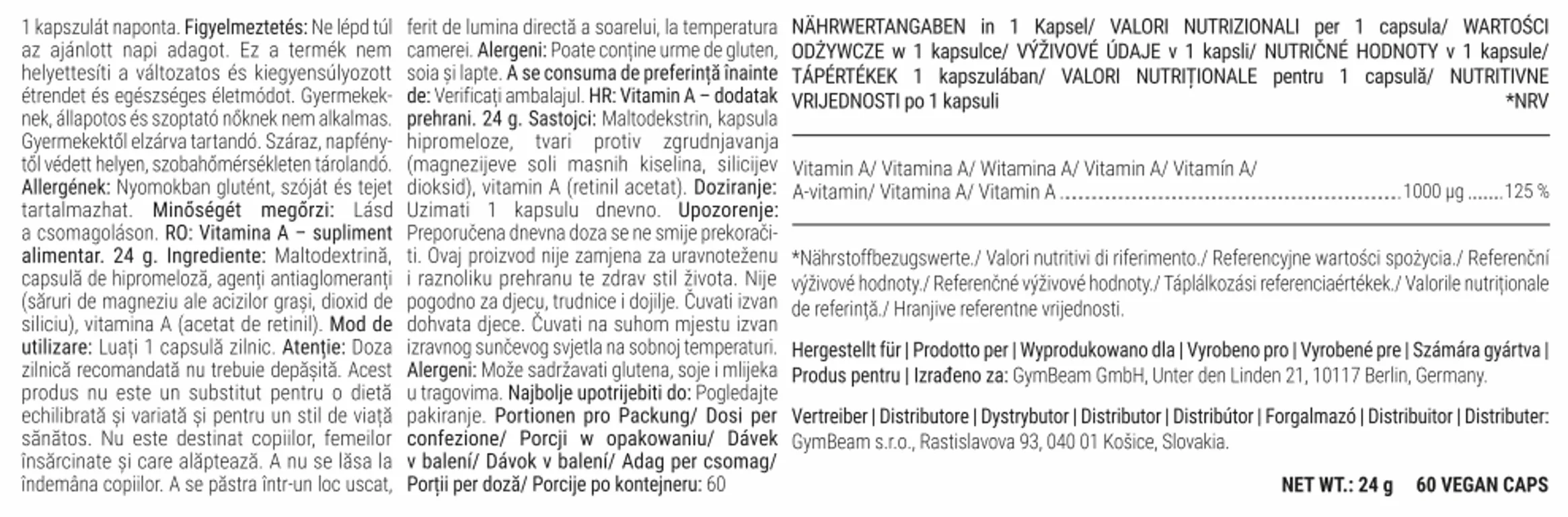 Vitamina A (Retinolo) - GymBeam 3000 µg Capsule per Sistema Immunitario, Salute di Pelle e Vista, Funzione delle Mucose, Metabolismo del Ferro e Differenziamento Cellulare, 60 cps