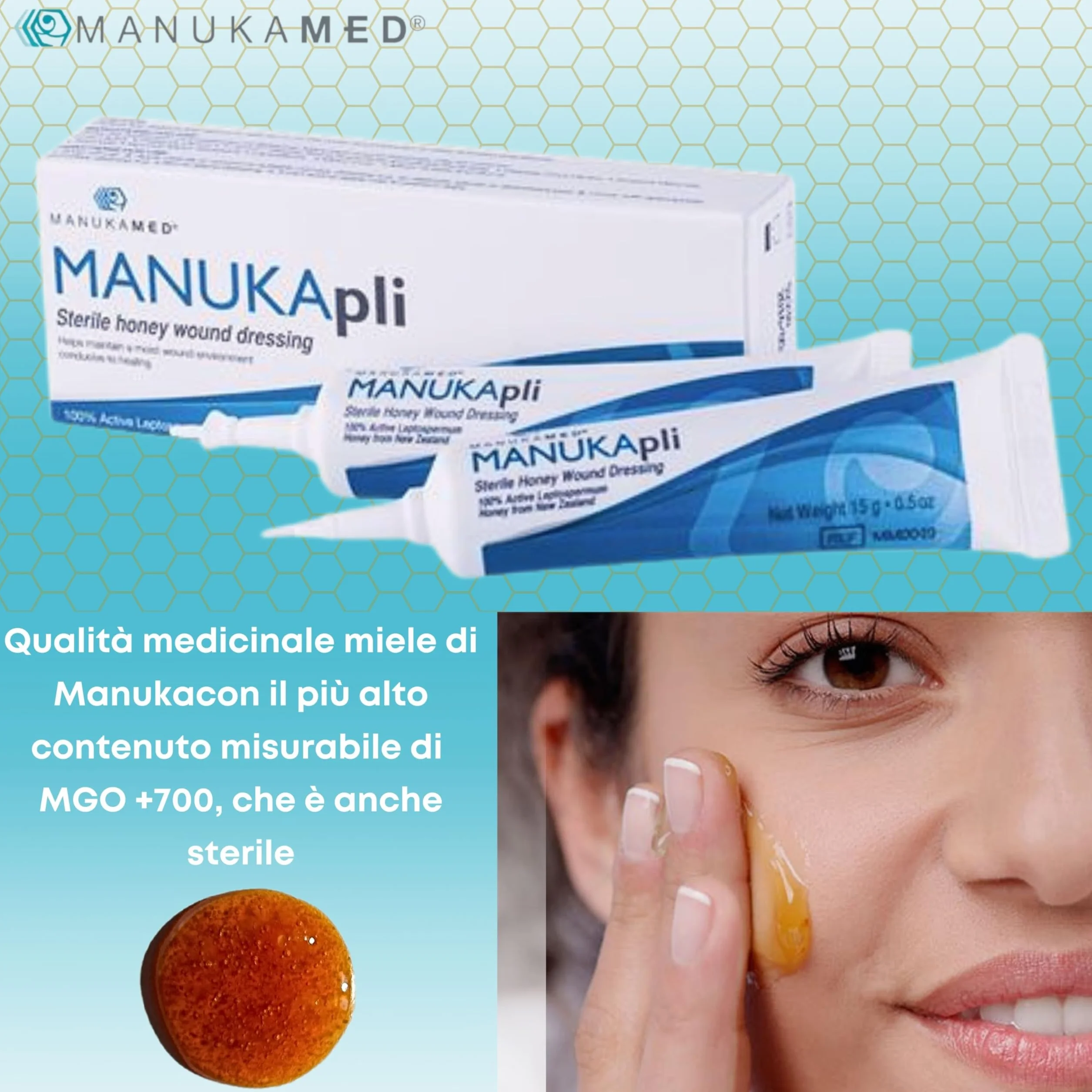 ManukaMed MANUKA, qualità medica, cura delle ferite e della pelle, miele di Manuka bioattivo al 100%, unguento per le ferite e la guarigione, STERILE MGO 560+/2x15 g