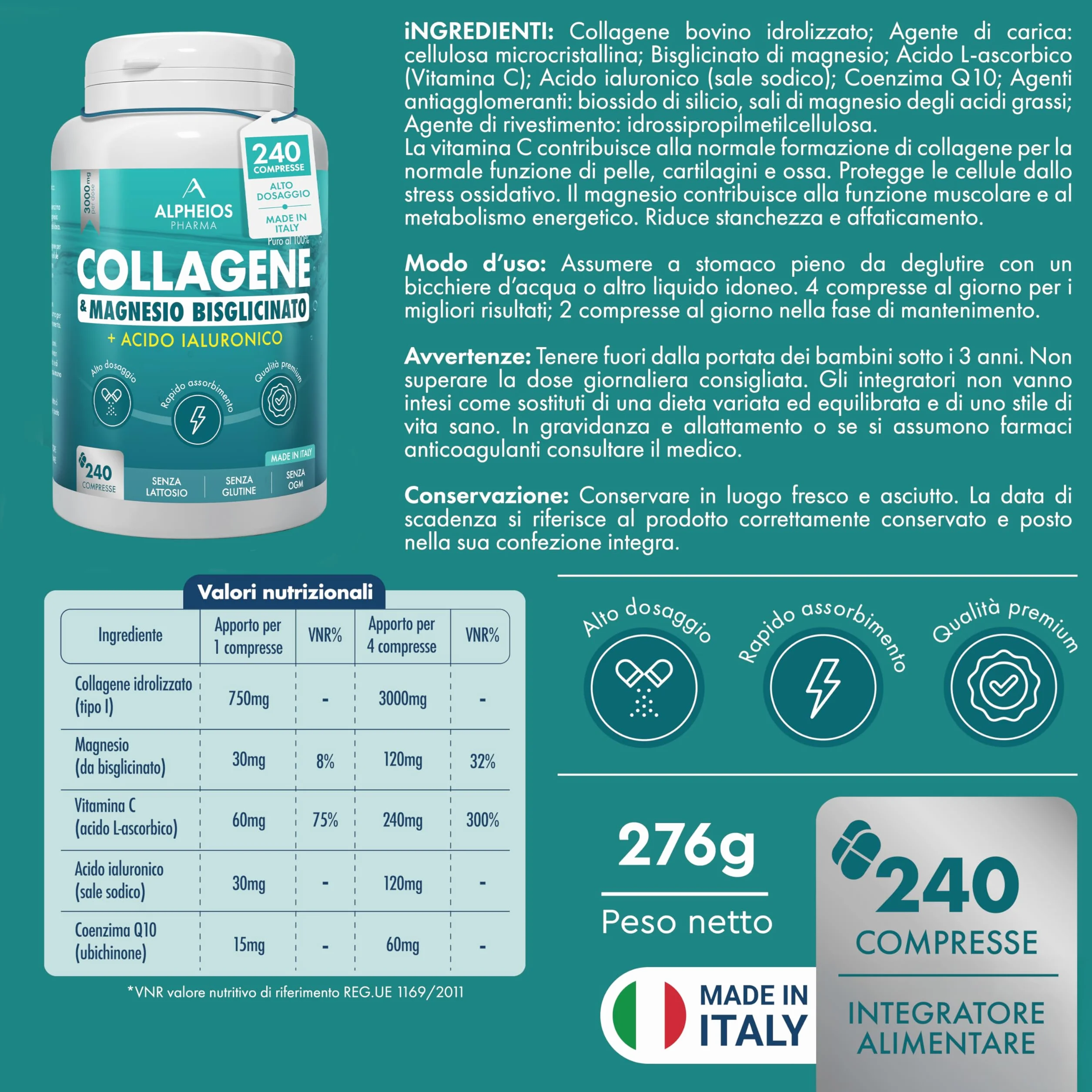 Collagene e Acido Ialuronico + Magnesio Bisglicinato 240 Compresse 3000 mg Integratore Articolazioni Ossa Pelle