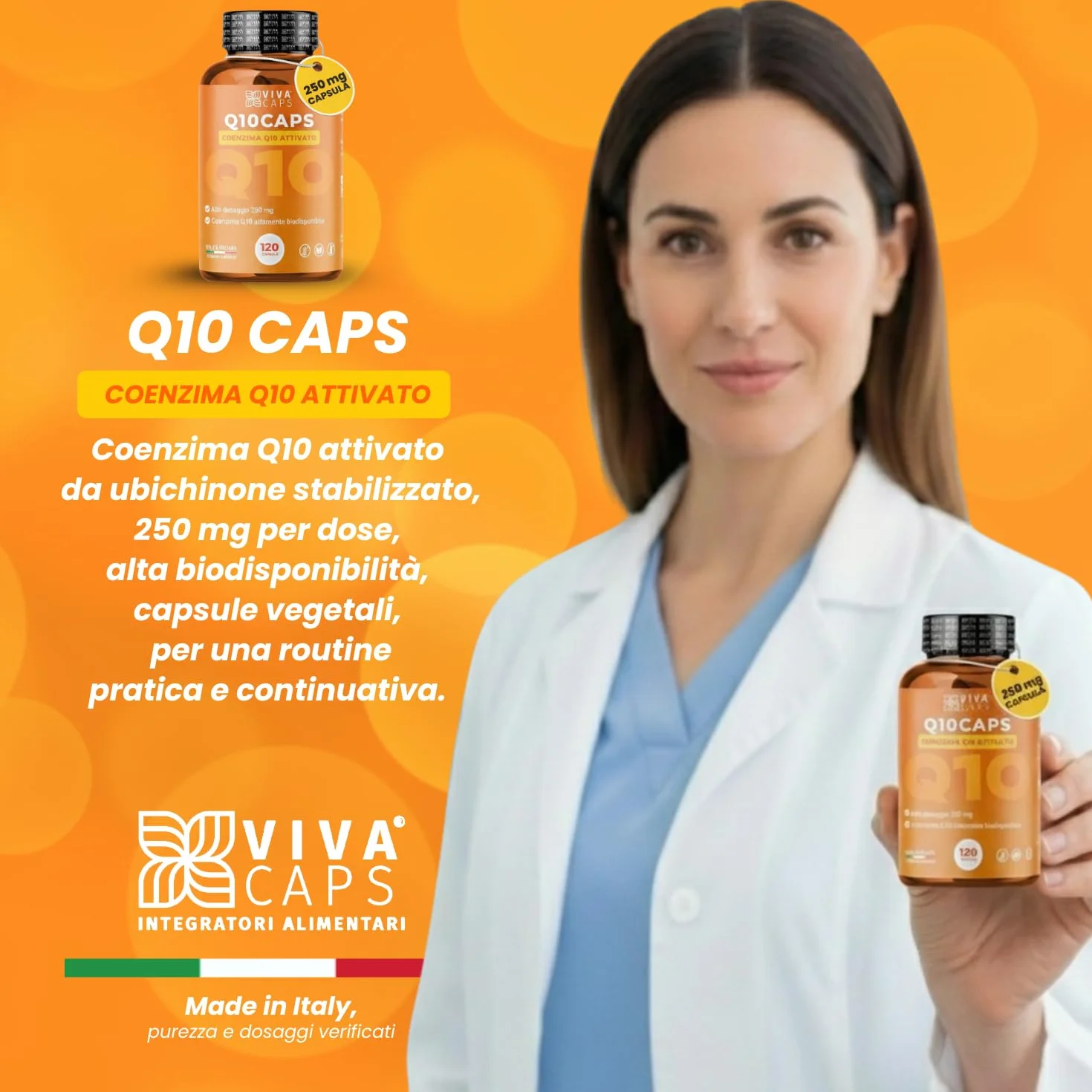 Coenzima Q10 250 mg per dose giornaliera 120cps 1 al giorno per 4 mesi, ubiquinone puro alta biodisponibilità - Made in Italy