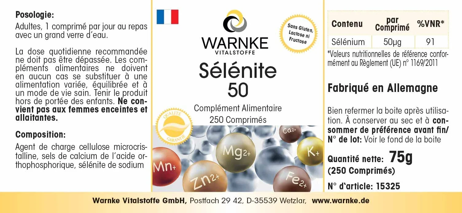 Selenio 50 mcg integratore di sodio - Ottenuto da selenio - Sostanza pura - 250 compresse | Warnke Vitalstoffe - Qualità da farmacia tedesca