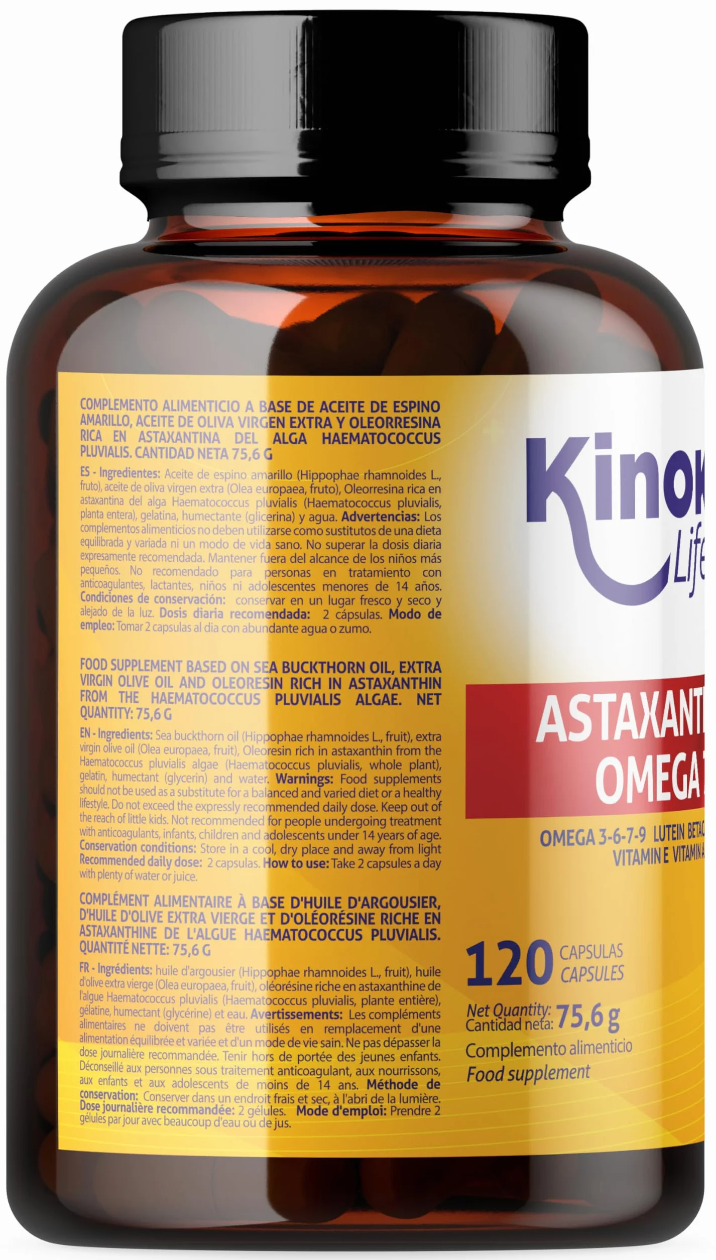 Astaxantina e Omega 7 dall'olio di olivello spinoso - 120 capsule con Omega 3, 6, 7, 9, luteina, betacarotene, vitamine E e A