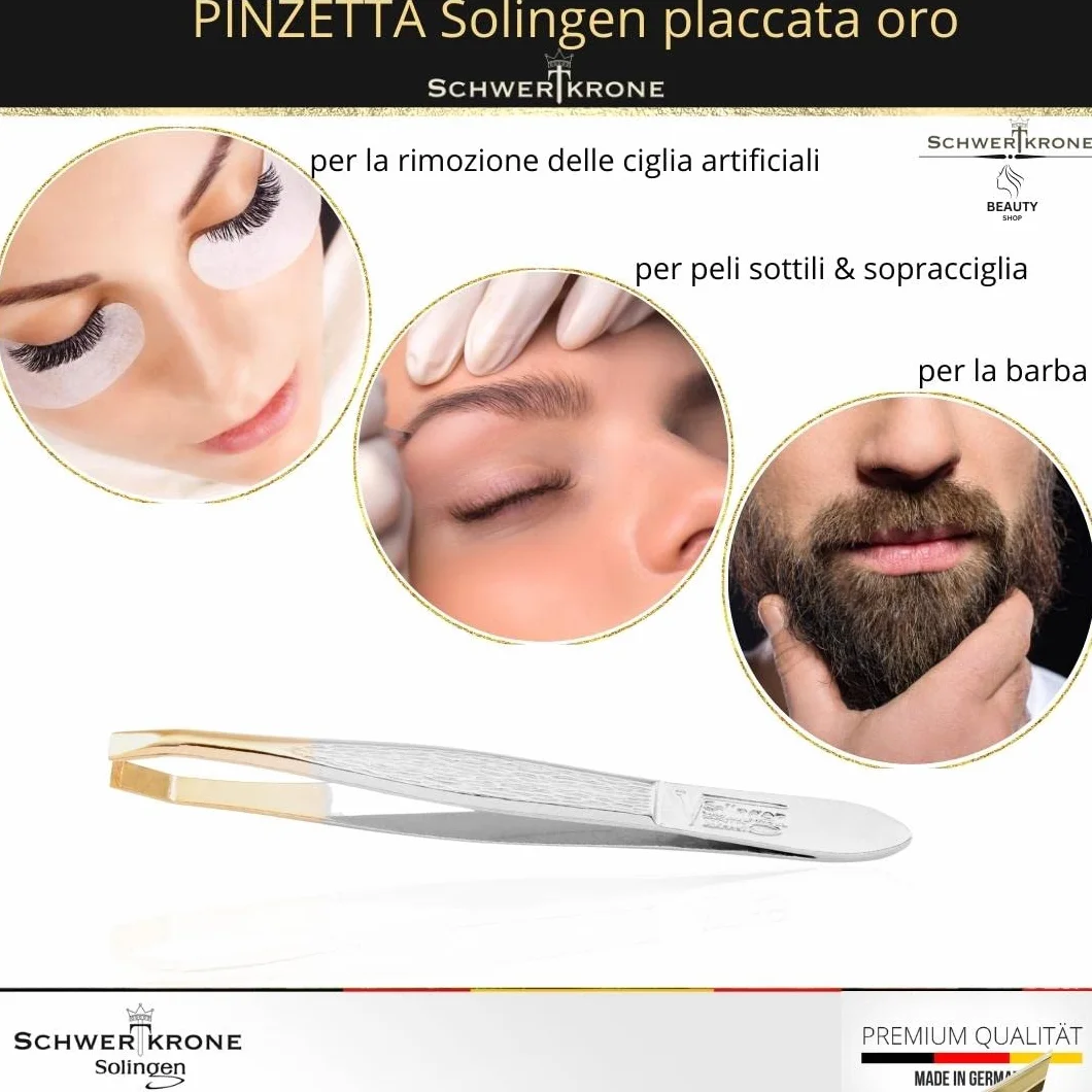 SCHWERTKRONE Pinzetta Professionale Solingen 8 cm - Inclinata e Angolata per Sopracciglia - Placcata Oro, Prodotto in Germania