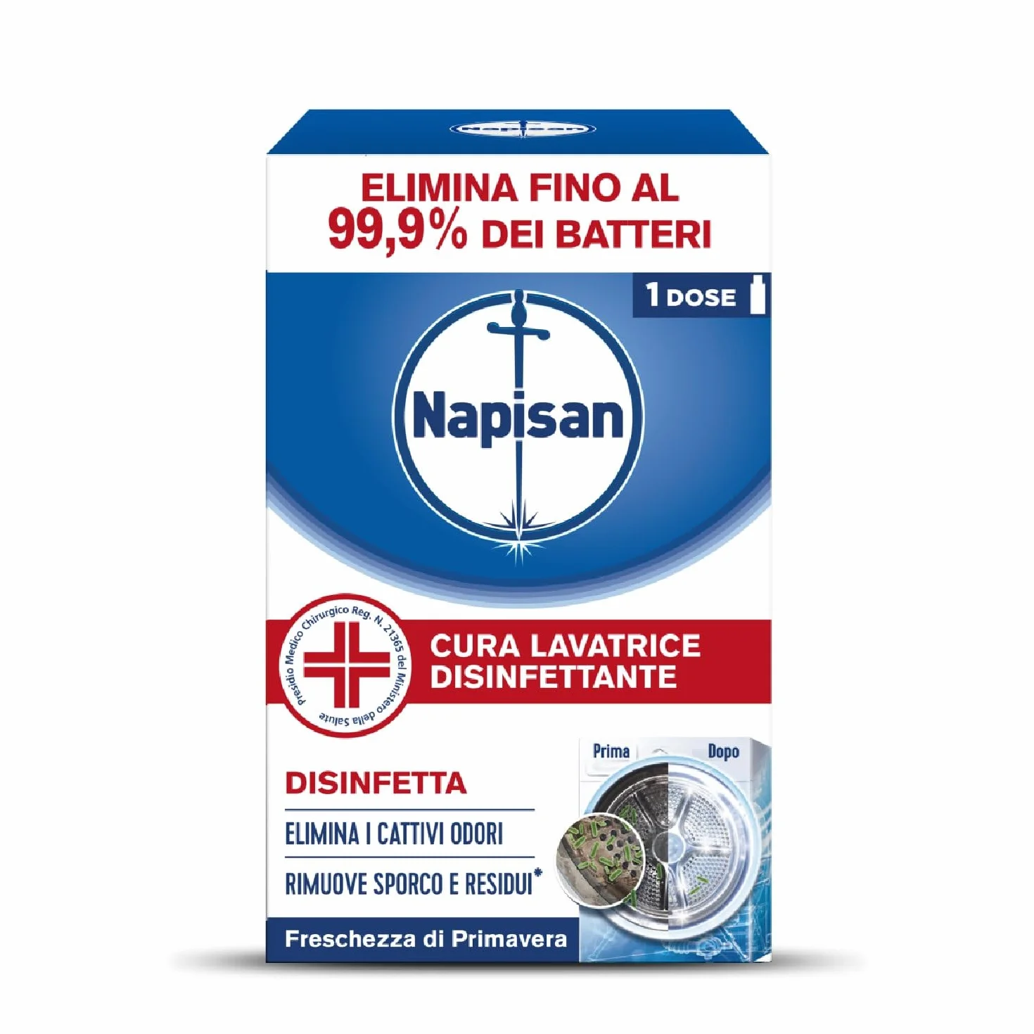 Napisan Cura Lavatrice Disinfettante Freschezza di Primavera, Elimina i Cattivi Odori, Rimuove Sporco e Residui di Sapone, Confezione da 250ml