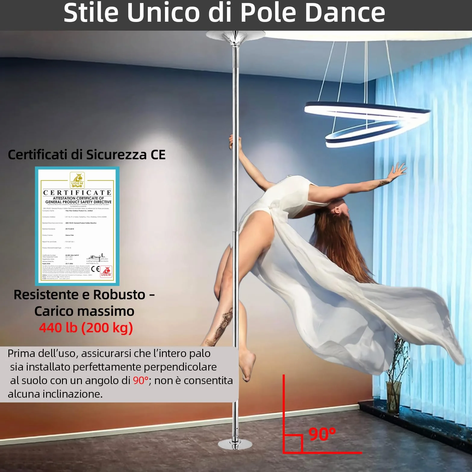 PRIOR FITNESS Palo da Ballo Premium Rimovibile 45 mm Spinning Statico Acciaio Heavy-Duty Altezza Regolabile