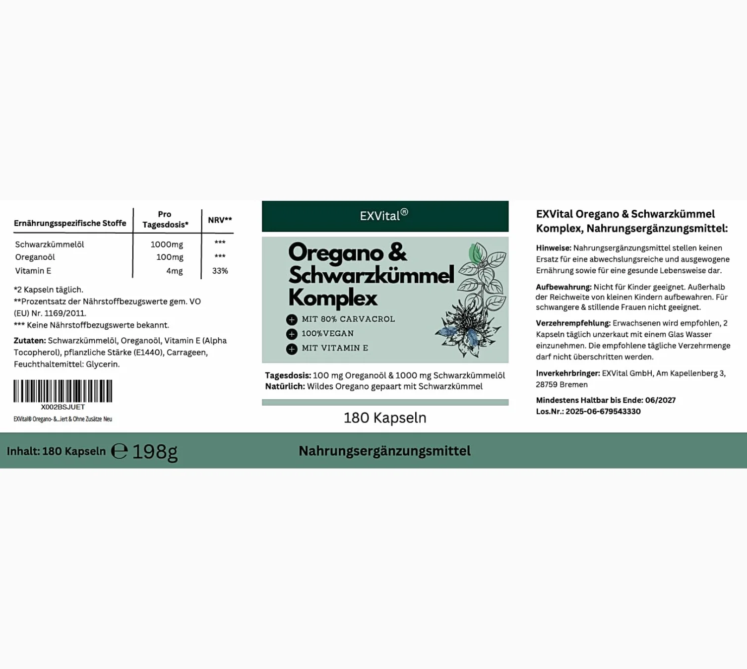 EXVital Complesso olio origano cumino nero 180 capsule vegane 1000 mg carvacrolo 80%