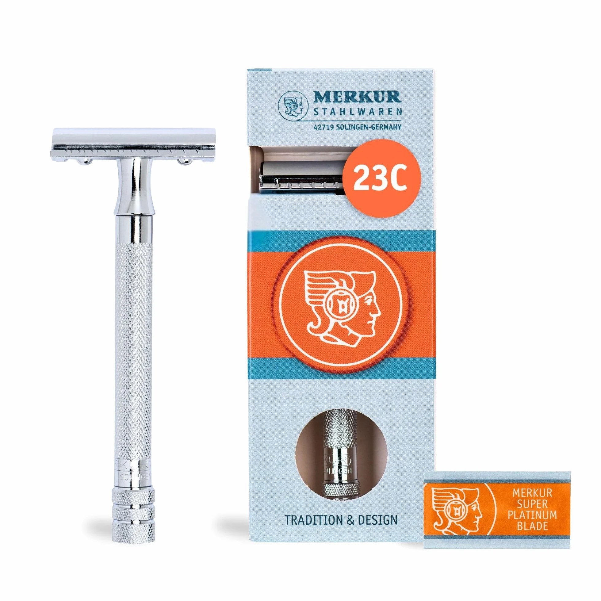 MERKUR 23C Rasoio di sicurezza – Finitura cromata lucida, manico lungo, struttura in tre pezzi, pettine chiuso, rasatura tradizionale – Made in Germany
