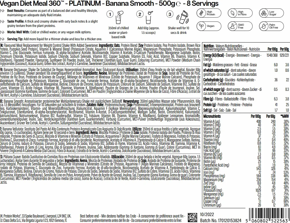 Protein Works | Vegan Diet Meal 360 – PLATINUM Innovation, Shake Dietetico Vegan, Supporta Perdita Peso Sana, Miscela Vitamine & Minerali, Tè Verde, Banana Vellutata, 8 Pasti, 500g