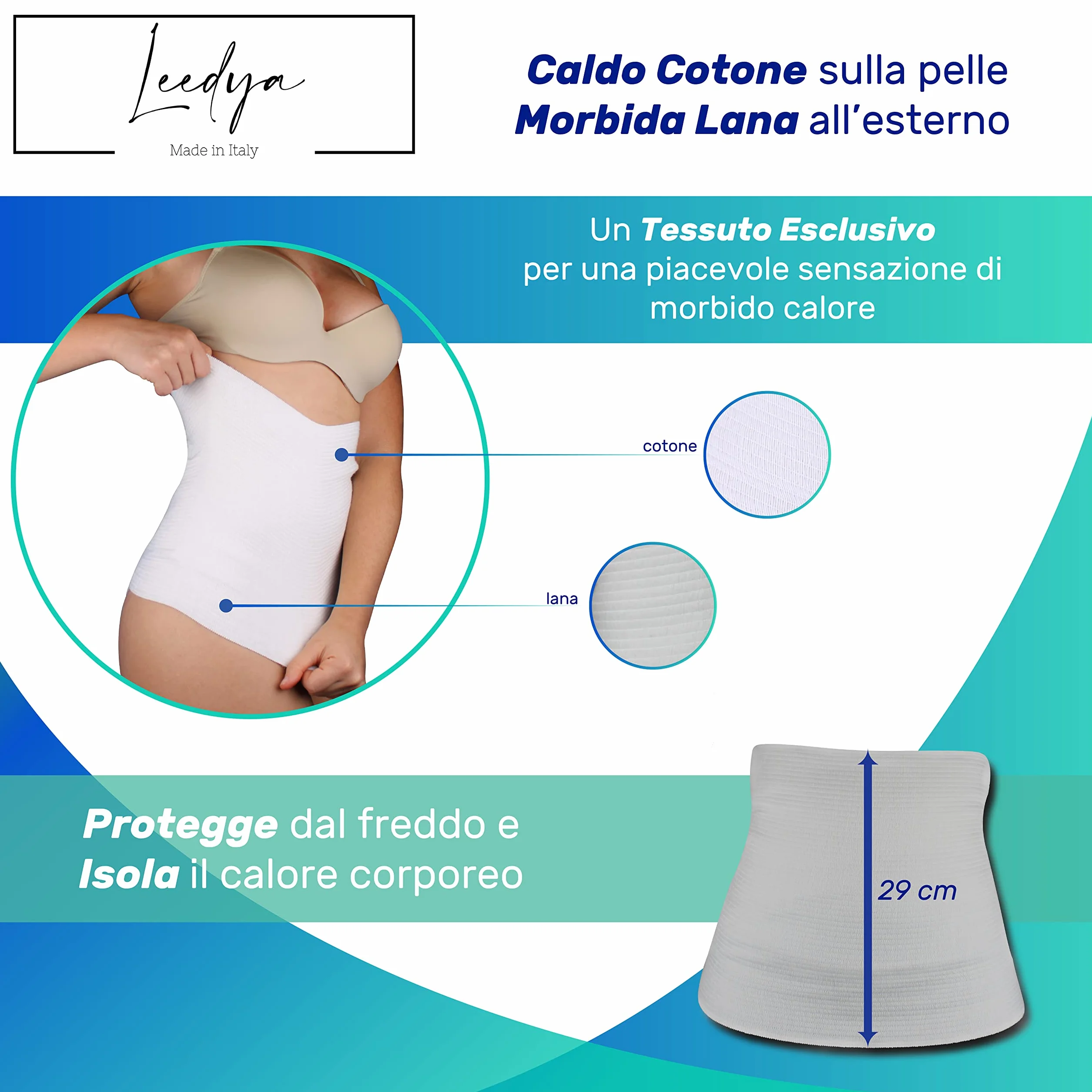Leedya Fascia Lombare Supporto Schiena Elasticizzata 100% Made In Italy, Pancera Addominale Riscaldante per Mal Di Schiena - Pancera Post Operatoria in lana e cotone (Tg 6/XL 106/120 Cm, Bianco)