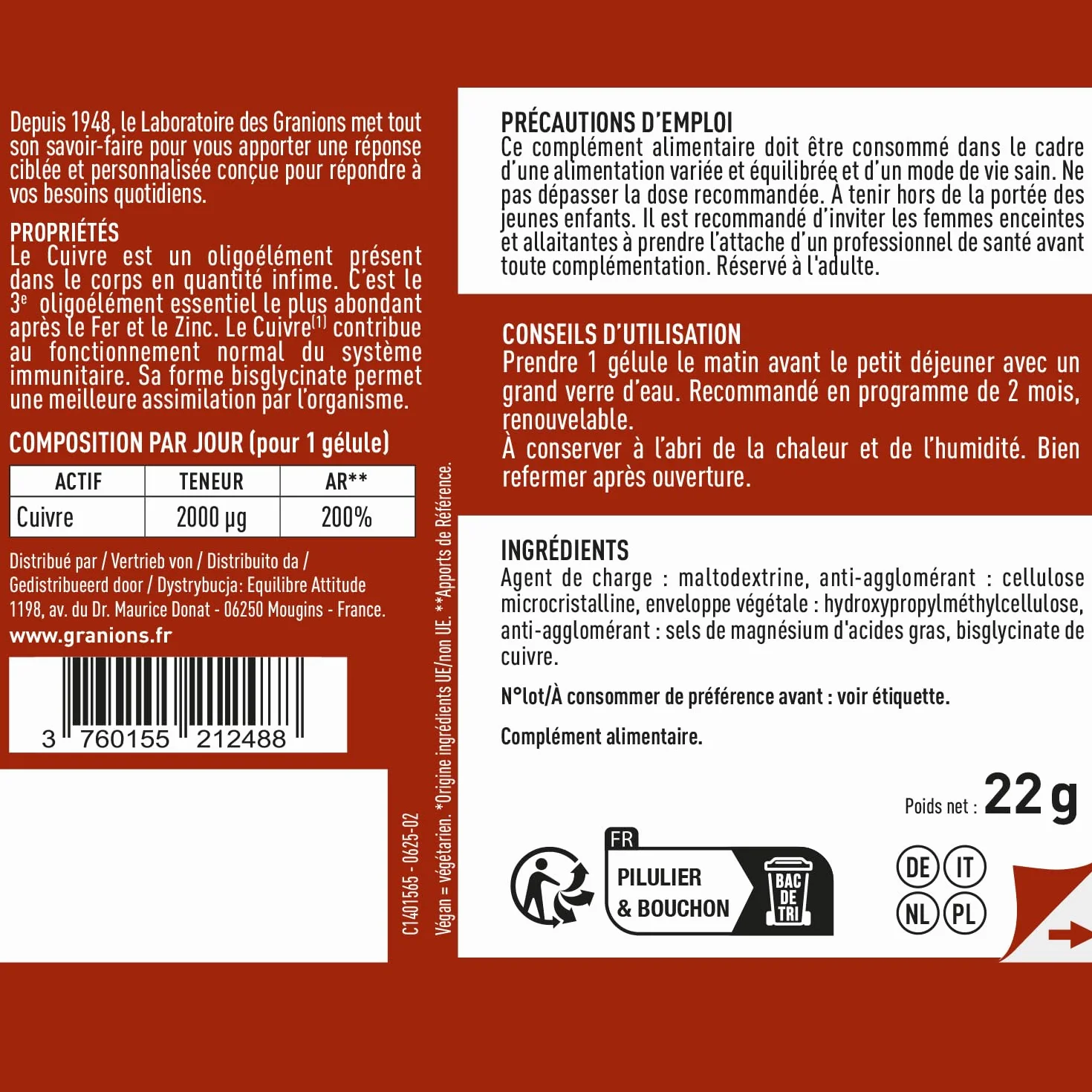 Granions Rame Bisglicinato 2 Mg - 200% Dell'Apporto Raccomandato - Biodisponibilità Ottimale - Difesa Dell'Immunità - 21.9 g