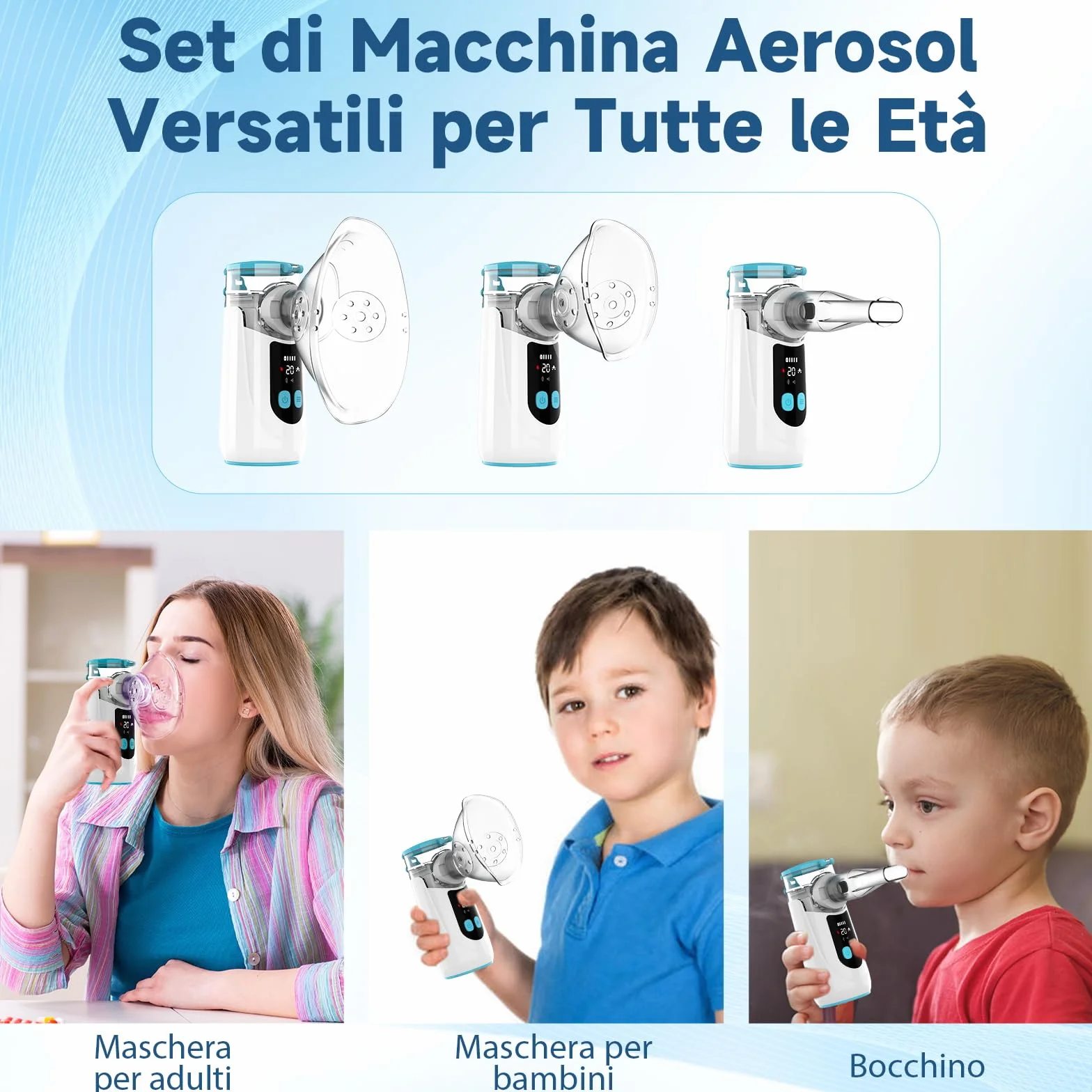 Aerosol Portatile Silenzioso Ricaricabile Ultrasuoni con 2 Maschere e Boccaglio