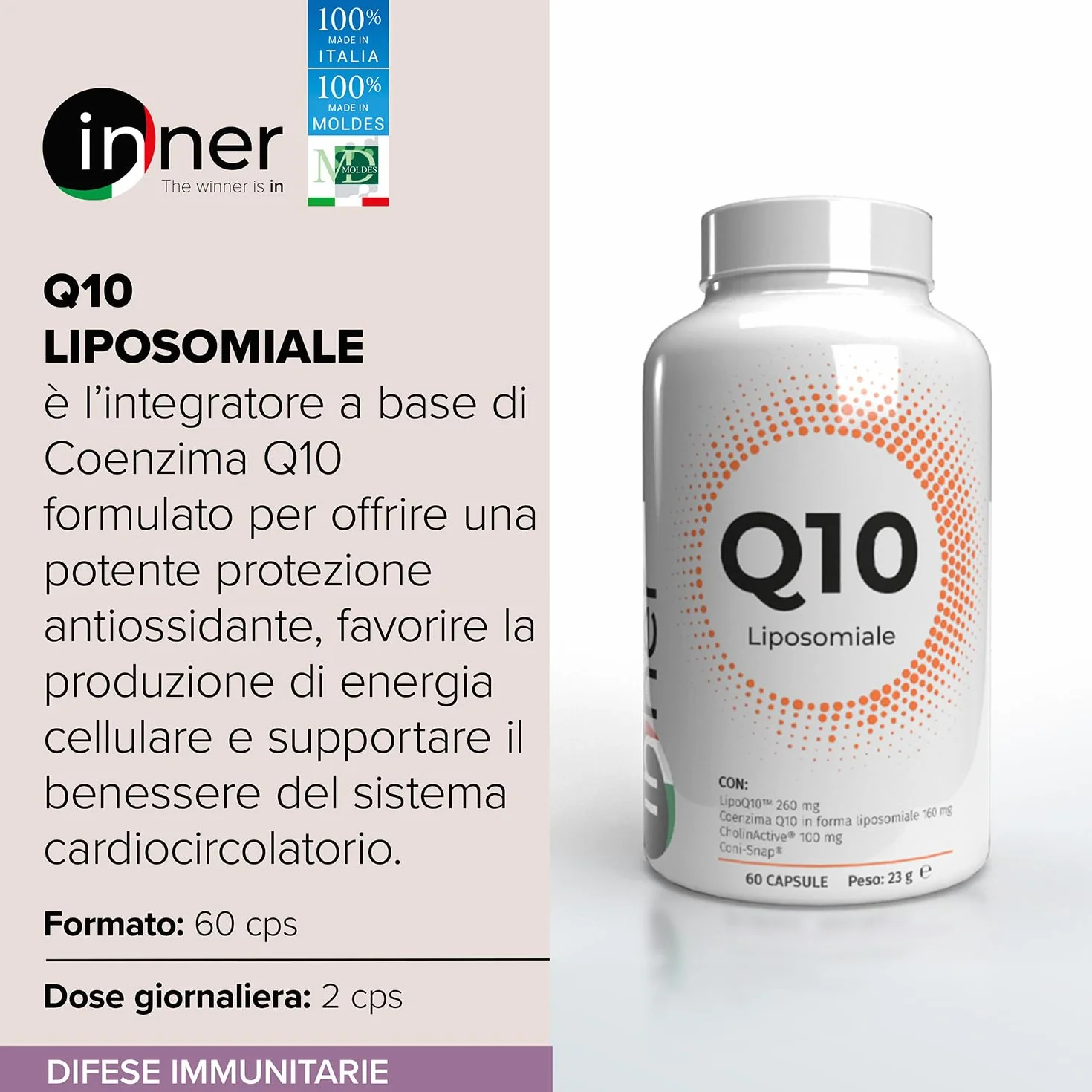 Inner Q10 Liposomiale 60 cps - Integratore Coenzima Q10 ad Alta Biodisponibilità per Azione Antiossidante, Energia Cellulare, Cuore e Performance