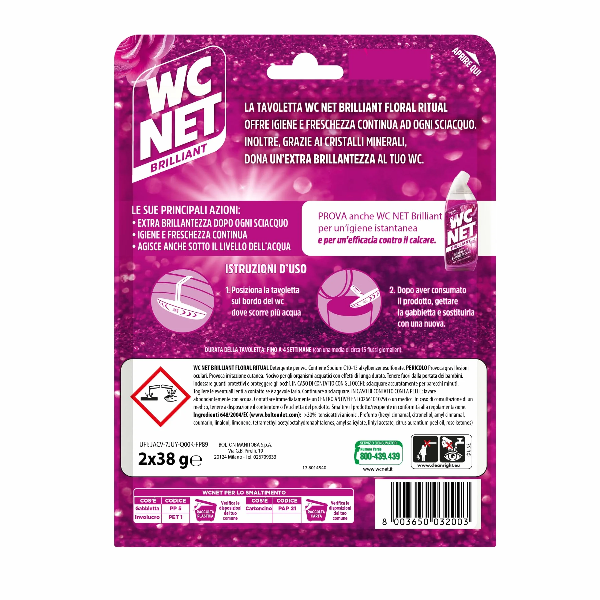 Wc Net - Tavoletta Brilliant Floral Ritual, Detergente Igienizzante Solido per Wc, Igiene, Texture Glitterata e Piacevole profumo di Lunga Durata, 2 Pezzi