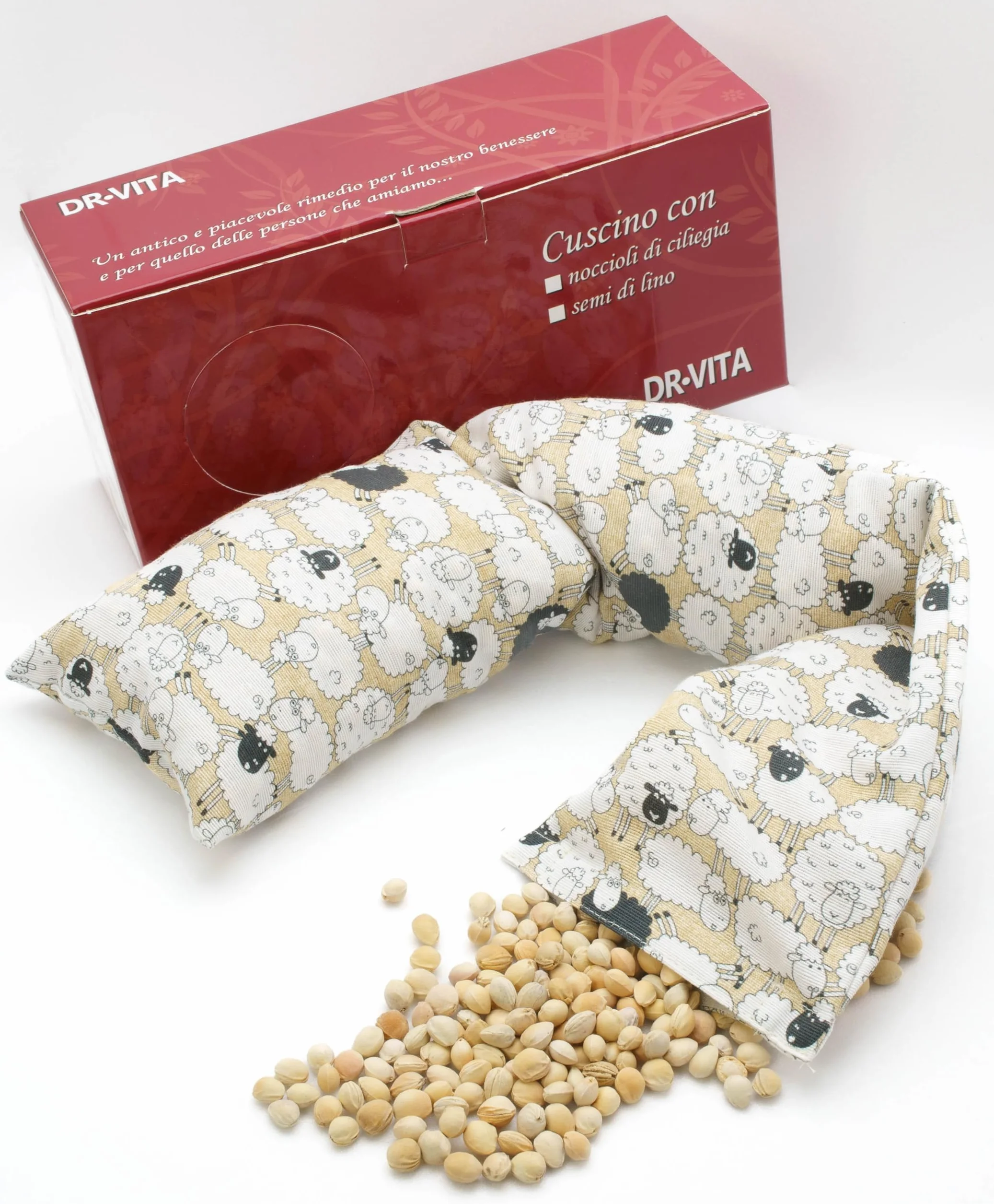Fascia con noccioli di ciliegia sfoderabile e lavabile scaldacollo per mal di pancia, febbre alta (900gr. - 58x12x5cm) con Pecorelle. Terapia caldo freddo. Prodotto in Emilia Romagna