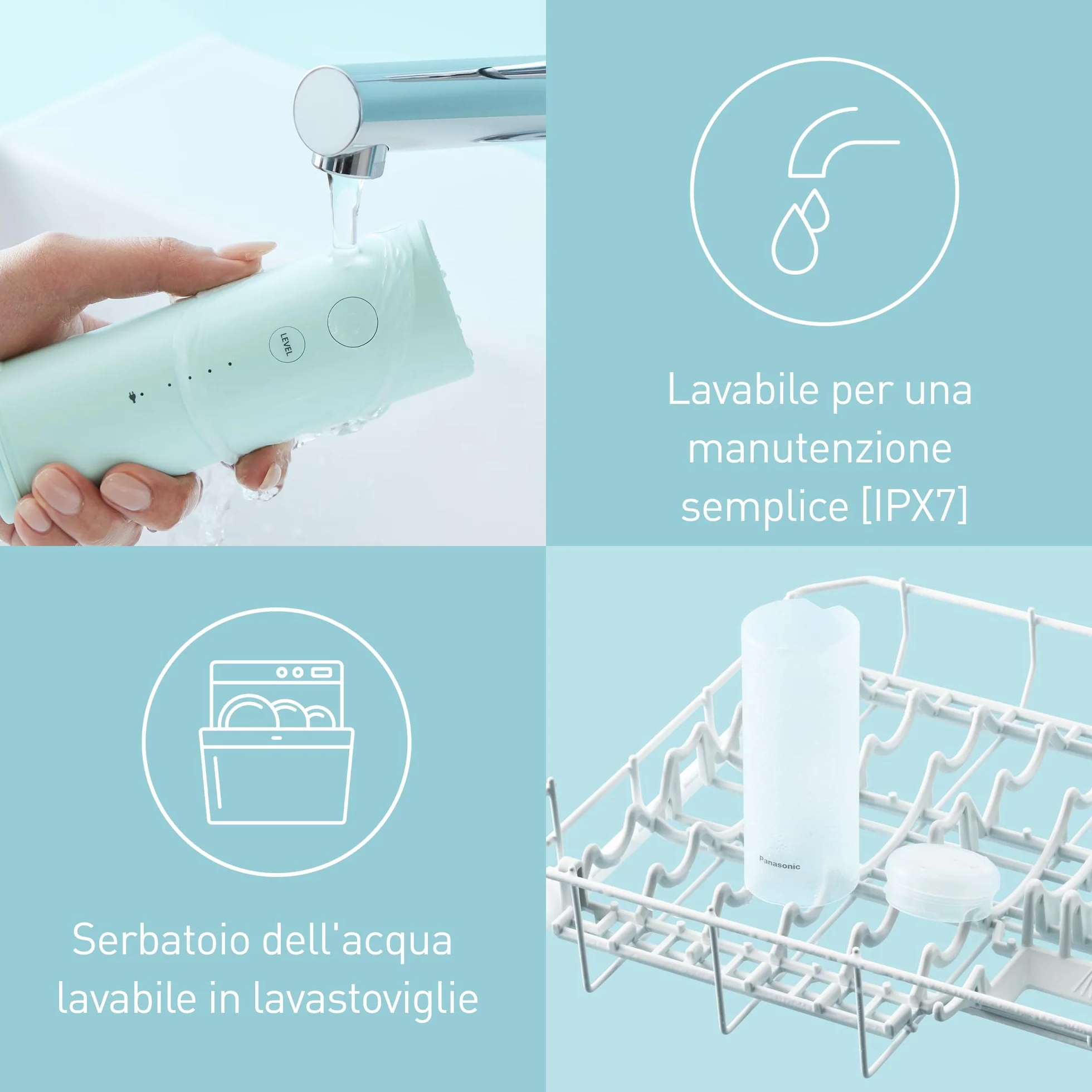 Panasonic EW-DJ4B-G503 Idropulsore, Irrigatore Orale,4 Impostazioni di Pressione dell'Acqua, Compatto e Portatile, Ultrasonica, Serbatoio 150 ml, Ricarica Rapida, Verde Menta e Bianco, 1.0 unità