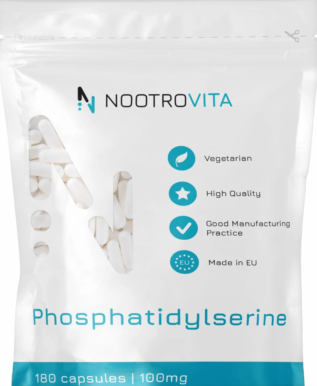 Fosfatidilserina Integratore 180 Capsule – 300 mg al Giorno (100 mg per Caps) - Fosfatidilserina Cortisolo – Integratore per Abbassare il Cortisolo – Supporta Memoria e Concentrazione – Nootrovita