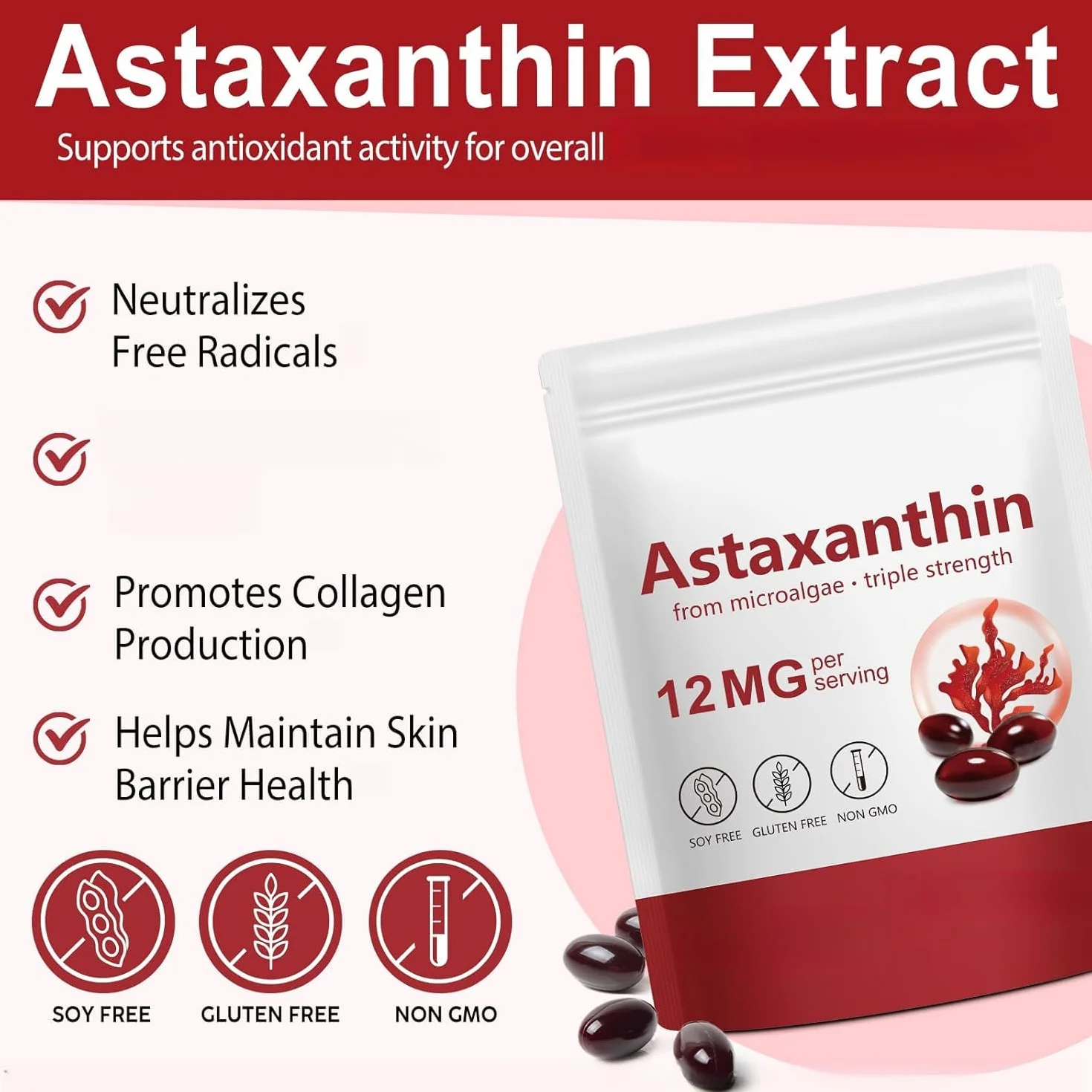 Astaxantina Premium Antiossidante per Occhi Pelle Articolazioni Circolazione Senza OGM Senza Glutine