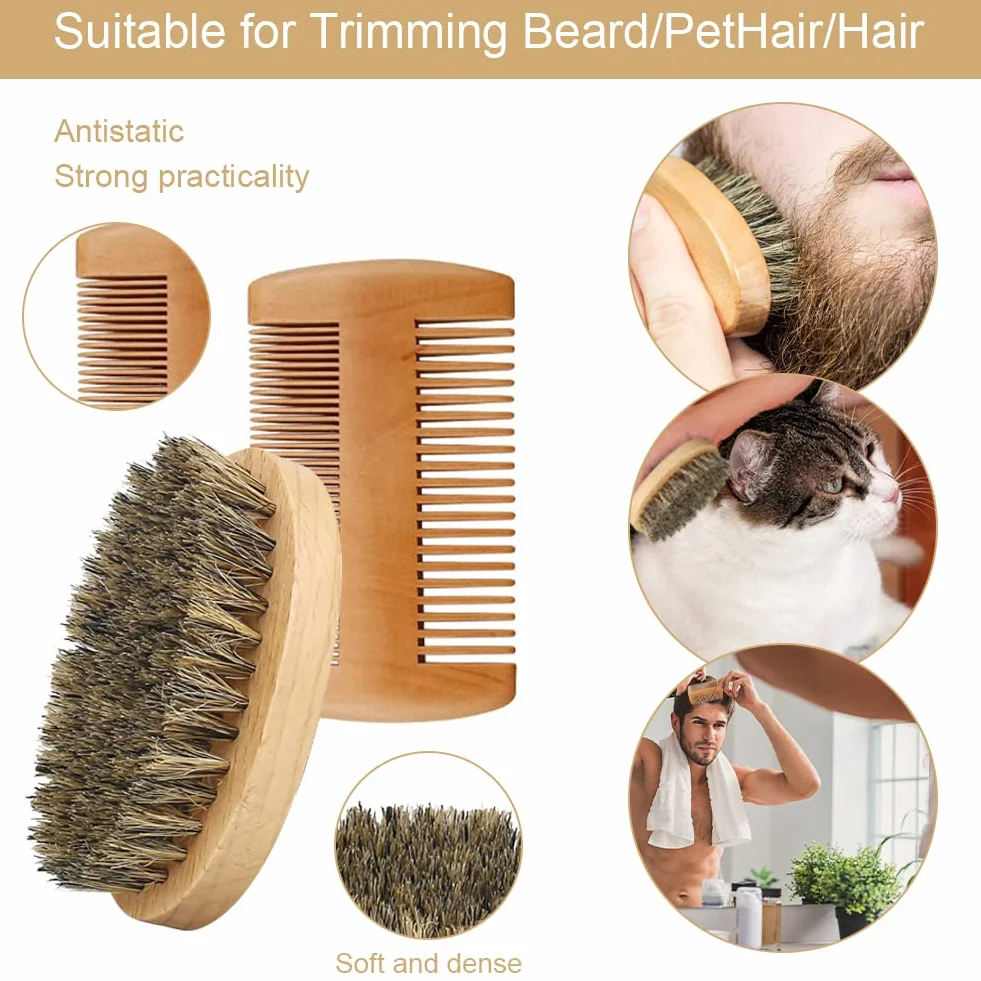 Set di Spazzola Barba con Setole di Maiale e Pettine, Spazzola da Barba con Setole di Maiale, Regali Compleanno per Papà Fidanzato Marito Padri