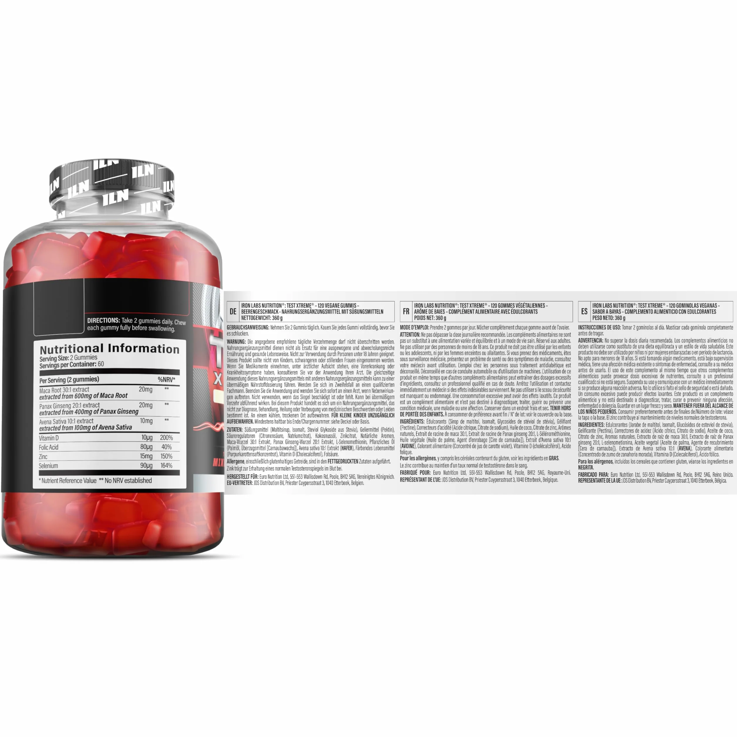 Test Xtreme Gommose Uomo - Booster Alta Potenza con Maca 30:1, Ginseng, Zinco - Senza Zucchero, Frutti di Bosco - 120 Gommose Vegane