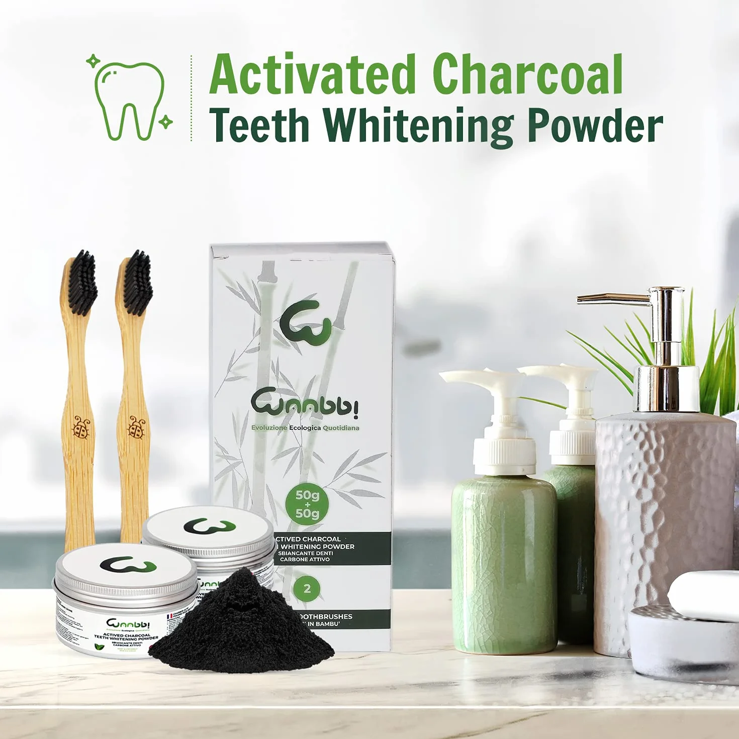 Dentifricio Carbone Attivo Sbiancante Professionale 100g con Spazzolino Bamboo