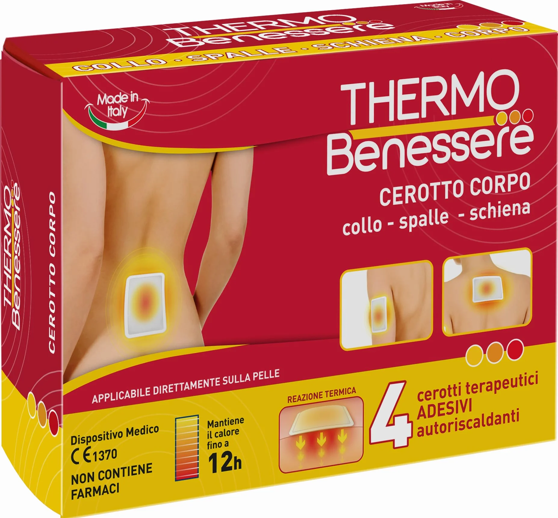 Cerotto Caldo Corpo - Ideale per Dolori Muscolari e Articolari - Dolori Collo - Spalle Schiena – Calore Fino a 12 Ore - Formato: 4 Cerotti Corpo - Thermo Benessere