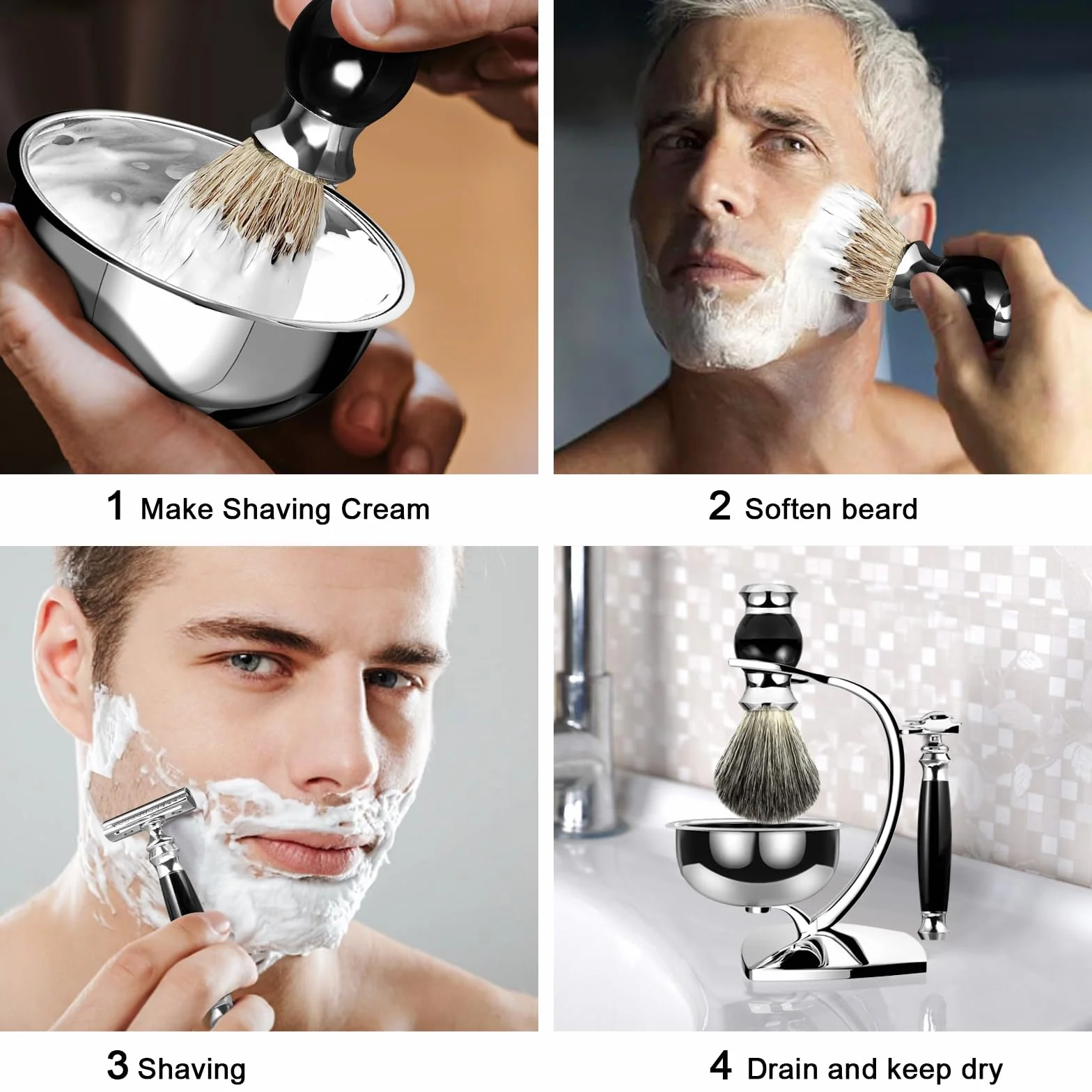 GRUTTI Set di pennelli da barba Premium con portaspazzole in tasso e portaspazzole per sapone e set da barba manuale per regalo da uomo
