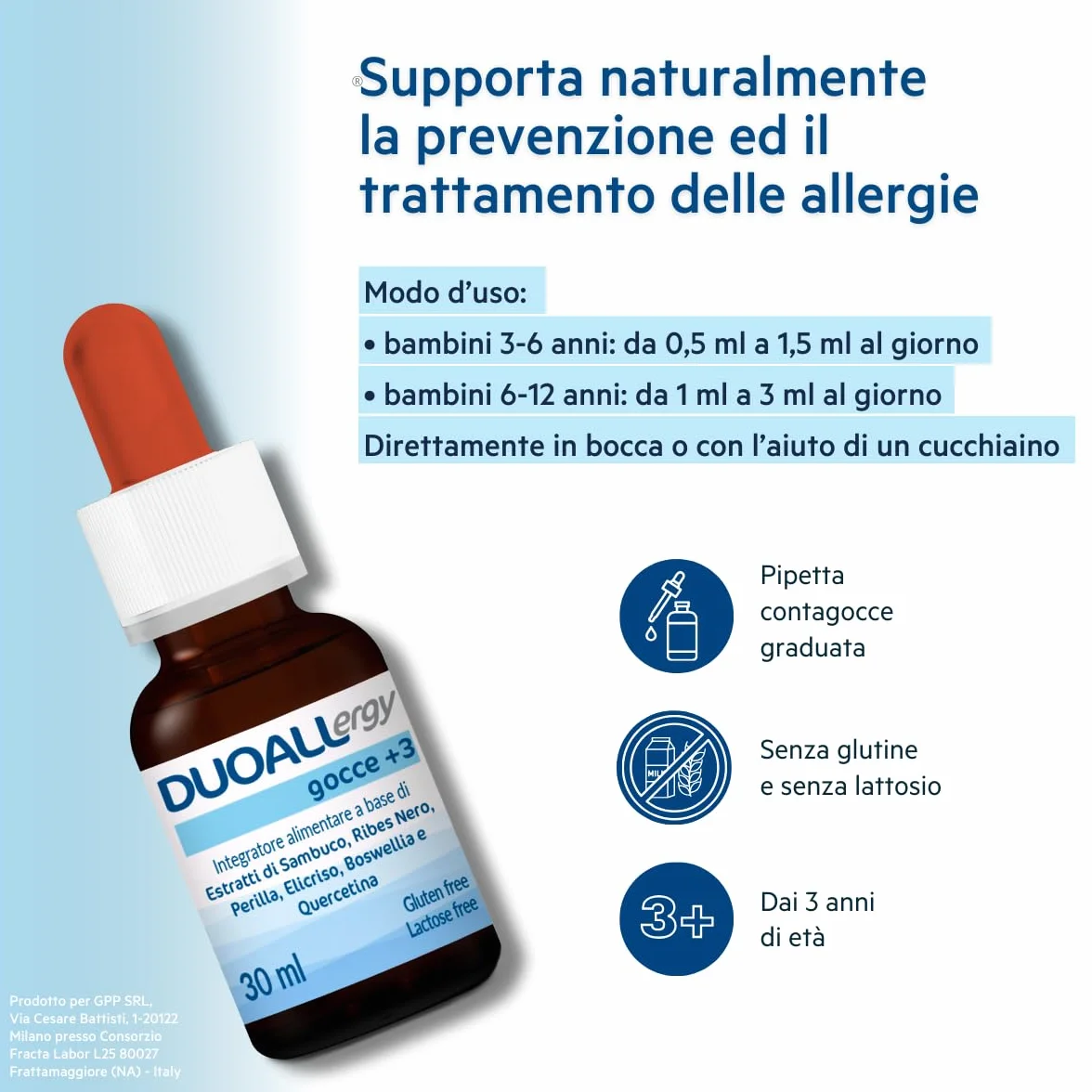 GPP | DUOALLERGY® GOCCE 3+, Integratore Alimentare Bambini 3+, Sambuco, Ribes Nero, Perilla, Elicriso, Boswellia, Quercetina, Supporta la Prevenzione e il Trattamento delle Allergie-Flacone 30ml