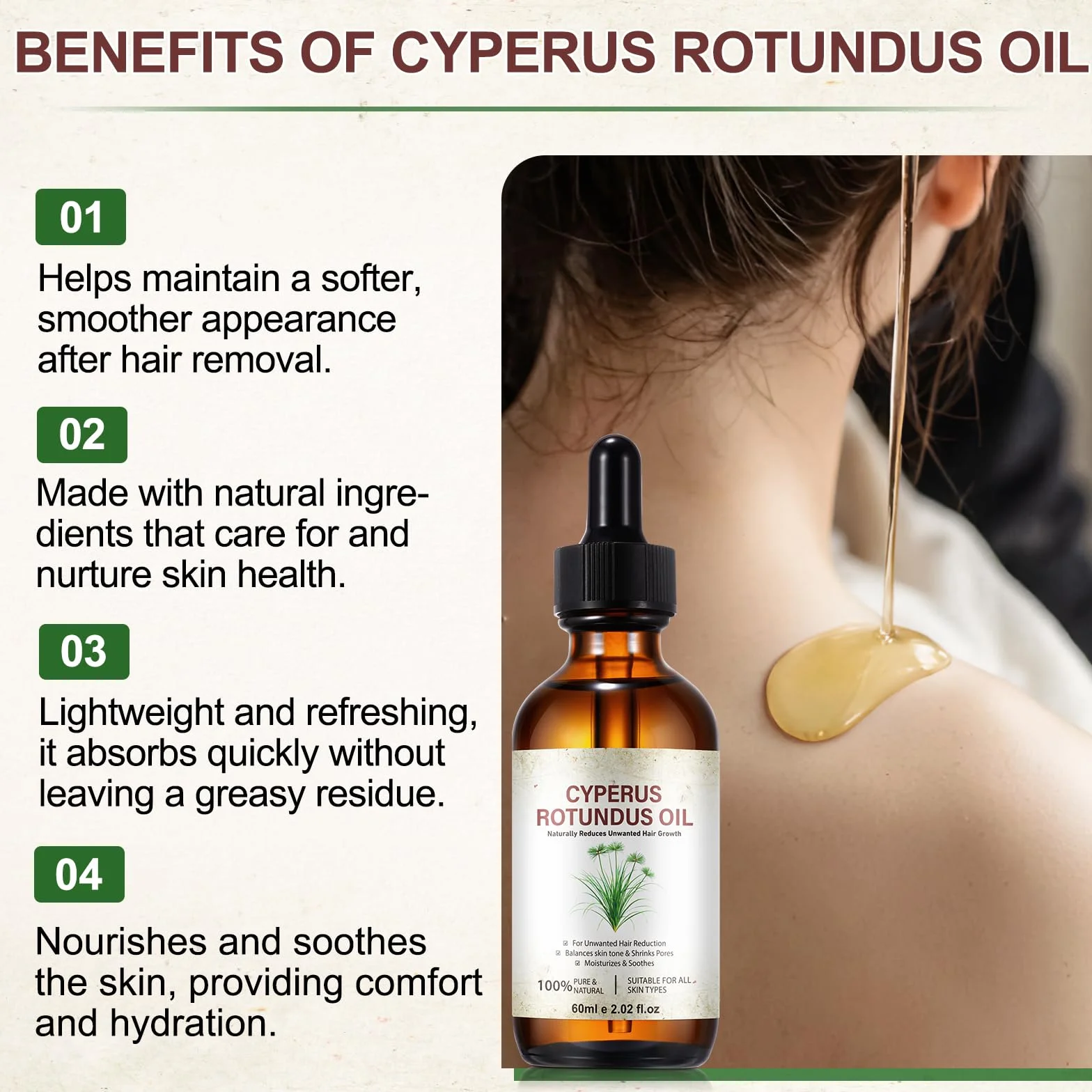 Olio di Cyperus Rotundus, Olio per rimozione dei peli Cyperus Rotundus 120ML – Ripara con peptidi, riduce la crescita dei peli e perfeziona i pori | Bloccante naturale del DHT per una pelle