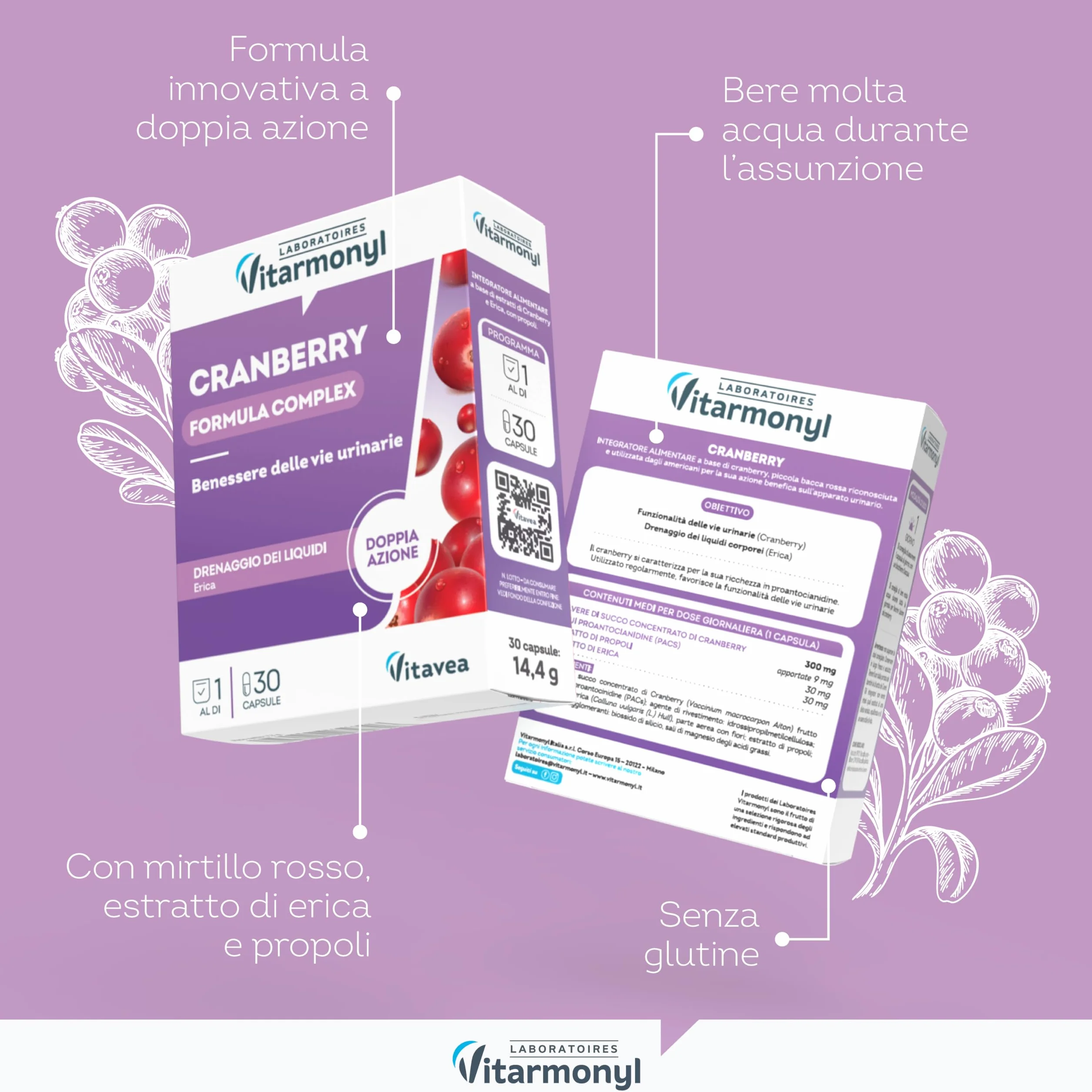 Vitarmonyl Nuova Formula Cranberry Integratore Vie Urinarie Alta Concentrazione 1 Capsula Mirtillo Rosso Erica Cistite 1 Mese