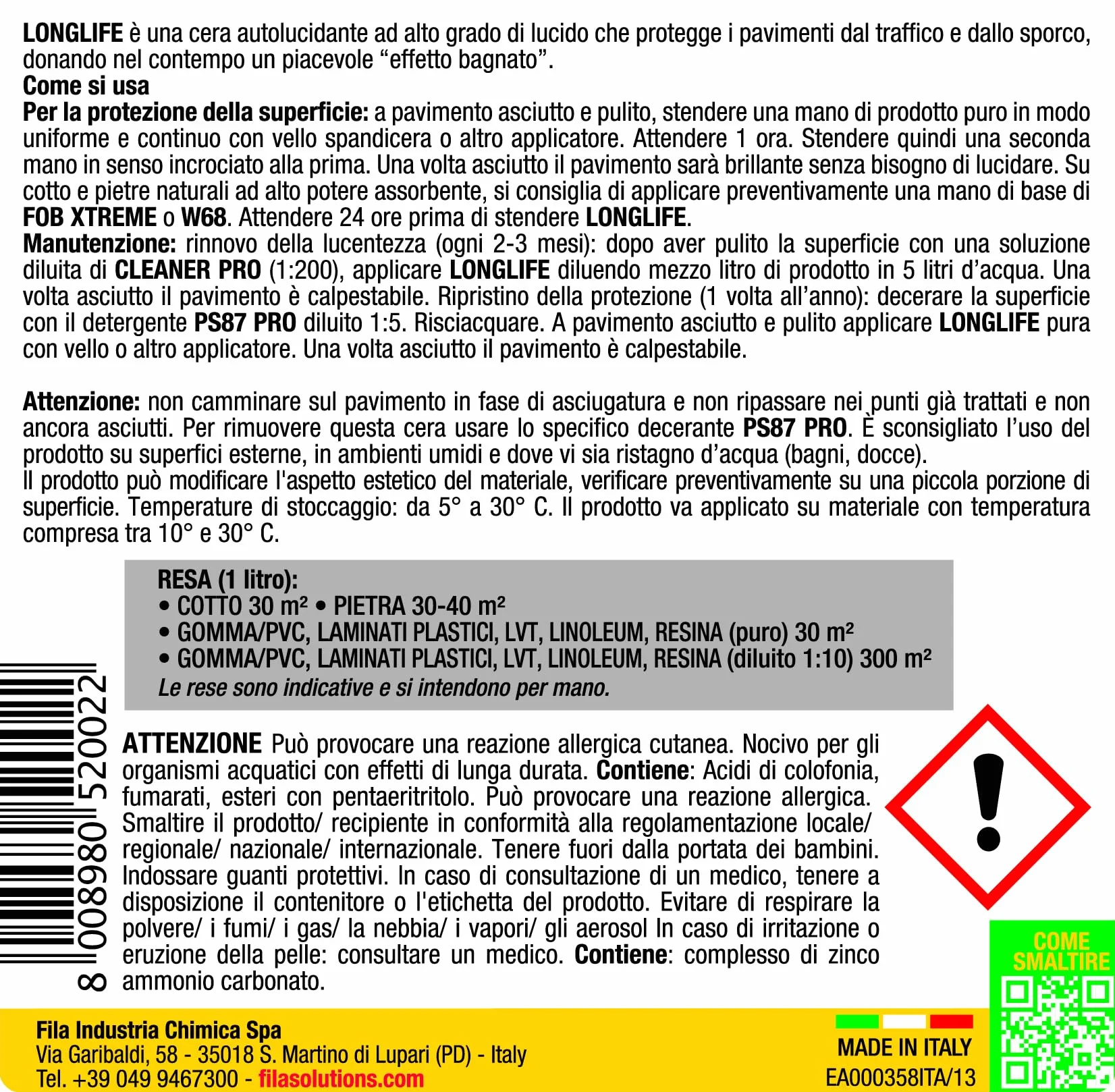 Fila LONGLIFE Cera per Pavimenti Autolucidante 1L