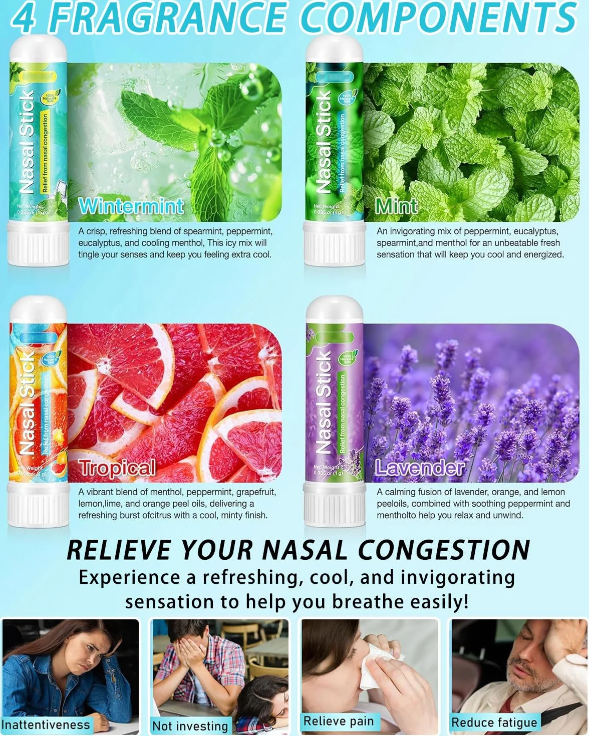 4 Pack Nasal Stick, Inalatore Nasale per Rapido Sollievo dal Naso Chiuso, Migliora la Respirazione e la Concentrazione con Oli Essenziali e Mentolo, Ideale per Studio, Lavoro e Viaggi