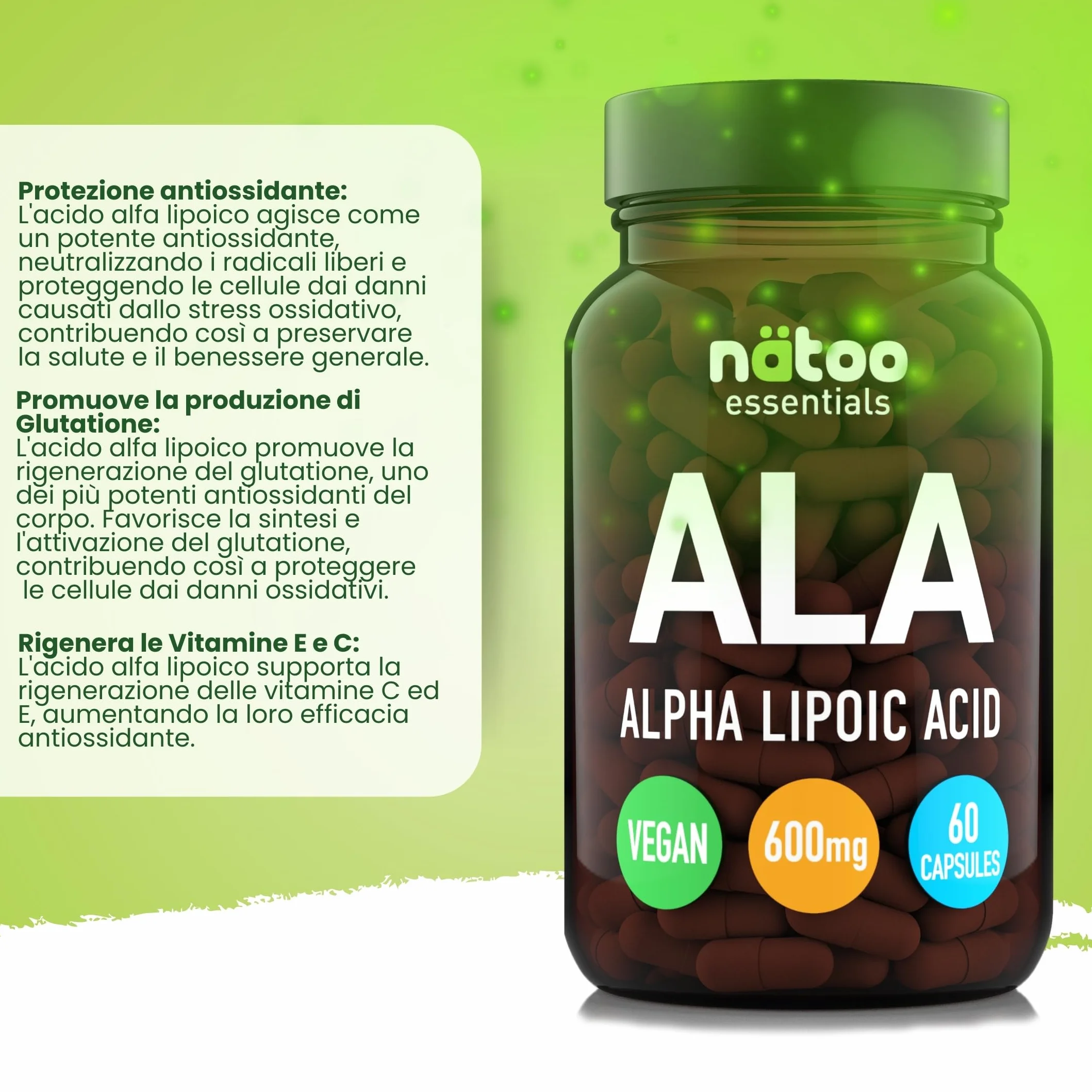 NÄTOO Acido Alfa Lipoico 600 mg 60 Capsule Alto Dosaggio Antiossidante Integratore Vegan