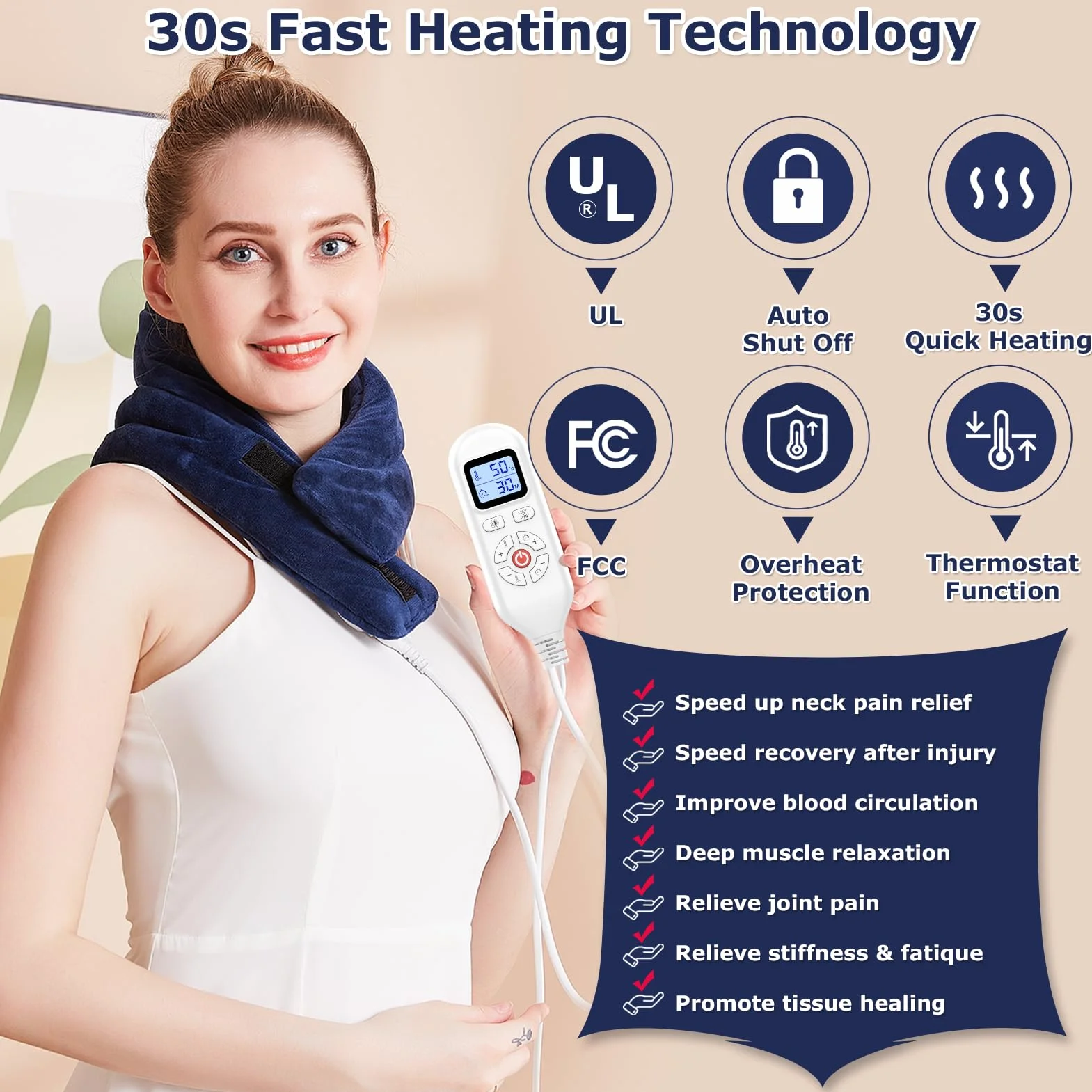 JOBYNA Termoforo Cervicale Elettrico, Termoterapia Scaldacollo Cuscino Cervicale Termico per Alleviare il Dolore, 5 secondi Riscaldamento Rapido, 30-70℃ e 10-90 minuti Regolabile